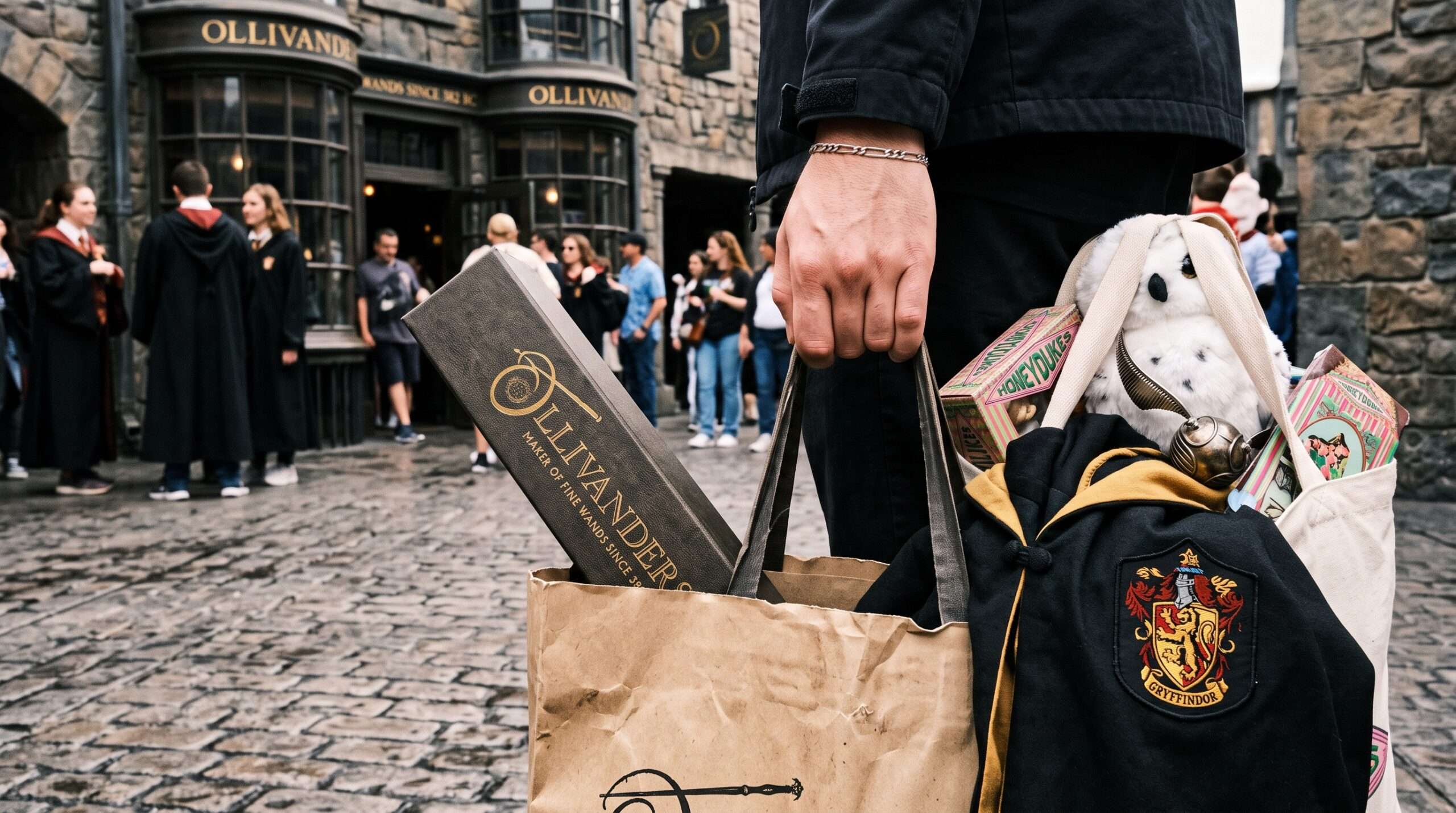 Large shopping bags filled with Harry Potter wands and robes at Universal Studios Hollywood.