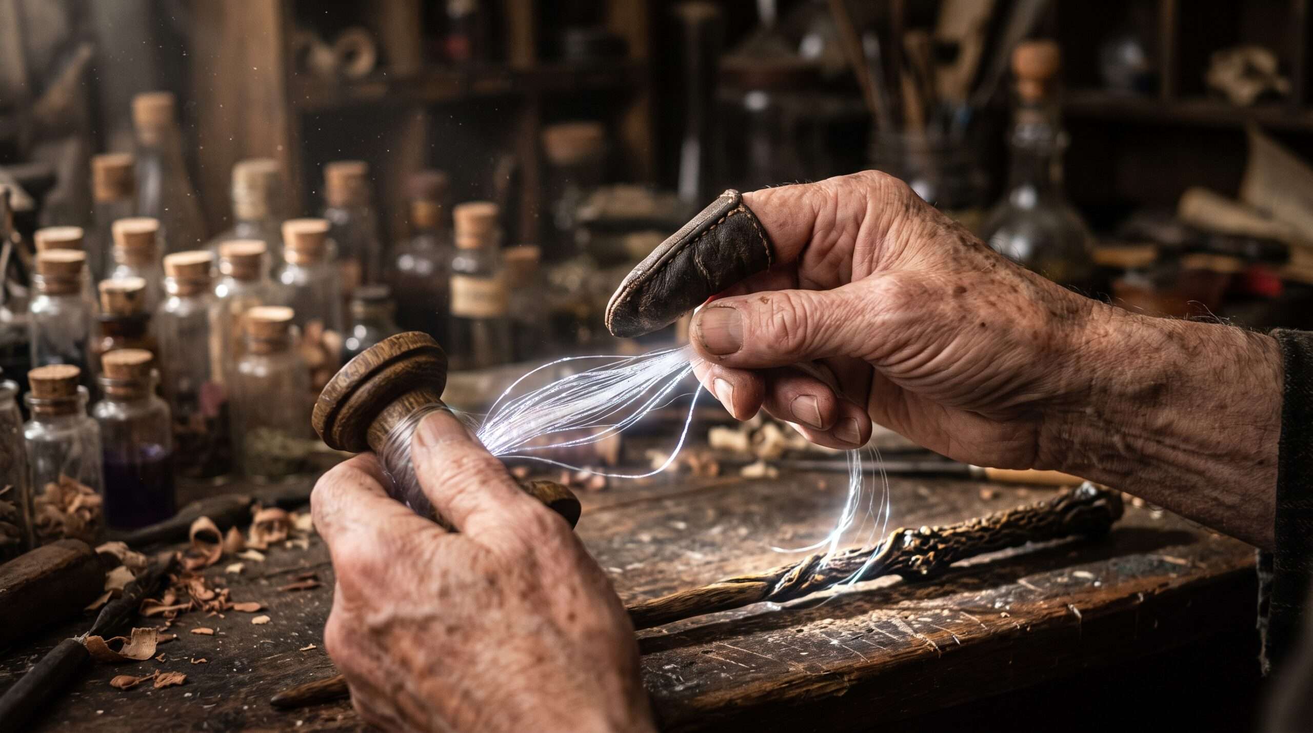 Close-up of a wandmaker delicately handling glowing unicorn hair core material.