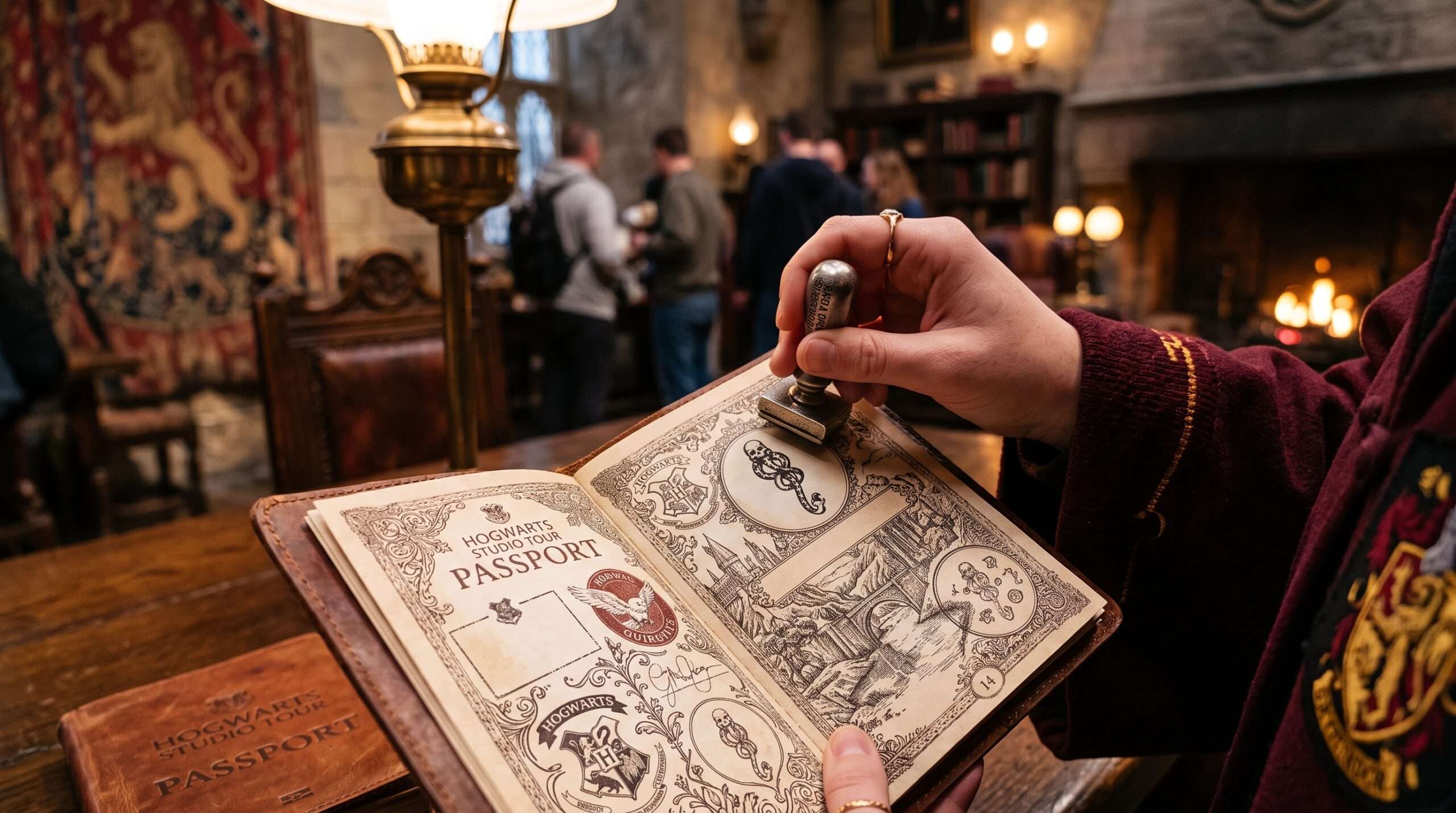 Close-up photograph of a hand in a Hogwarts robe embossing a Dark Mark scavenger hunt stamp into a special passport at Warner Bros Studio Tour.