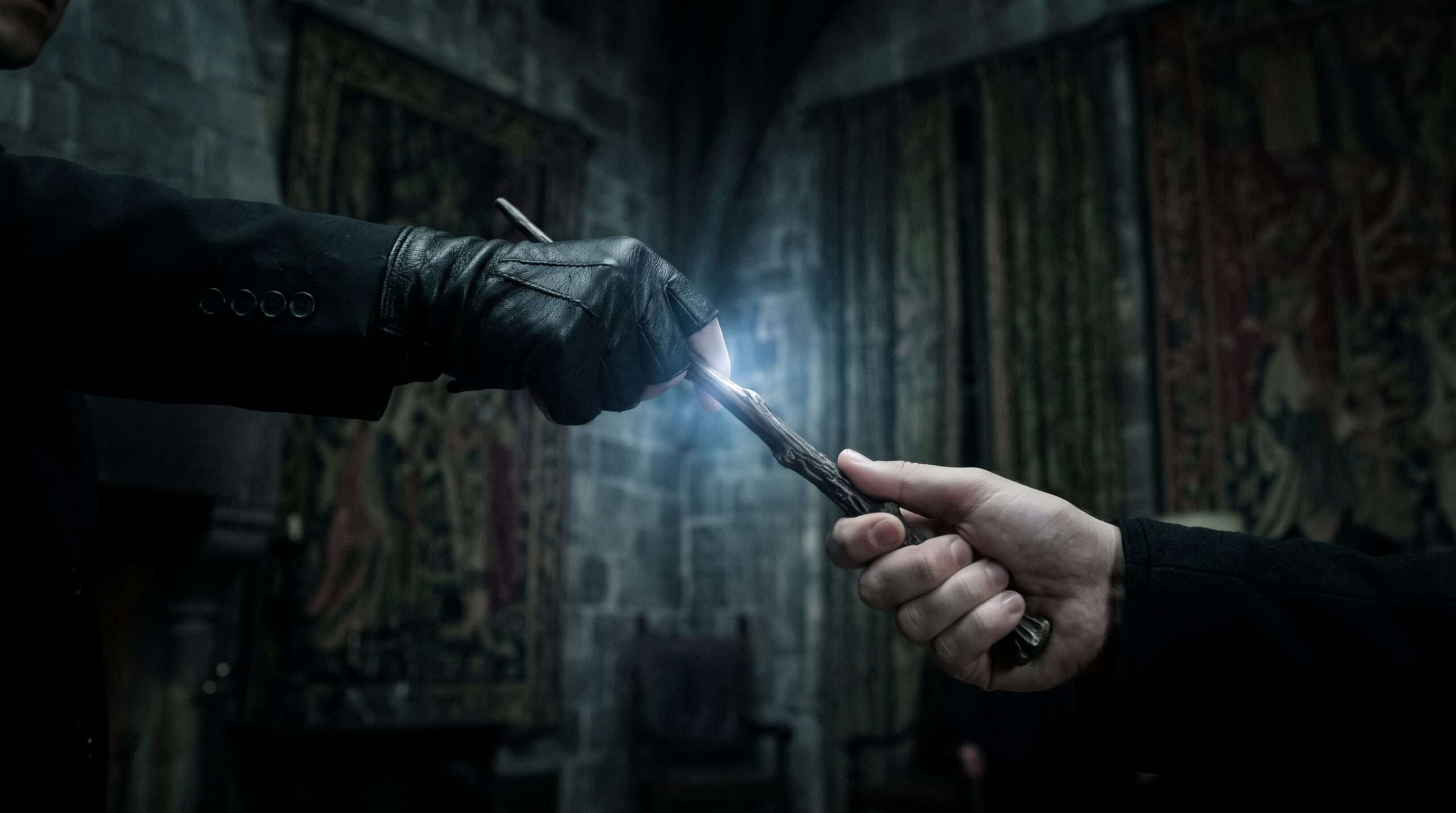 Tense close-up: Harry Potter capturing Draco Malfoy’s hawthorn wand in Malfoy Manor.