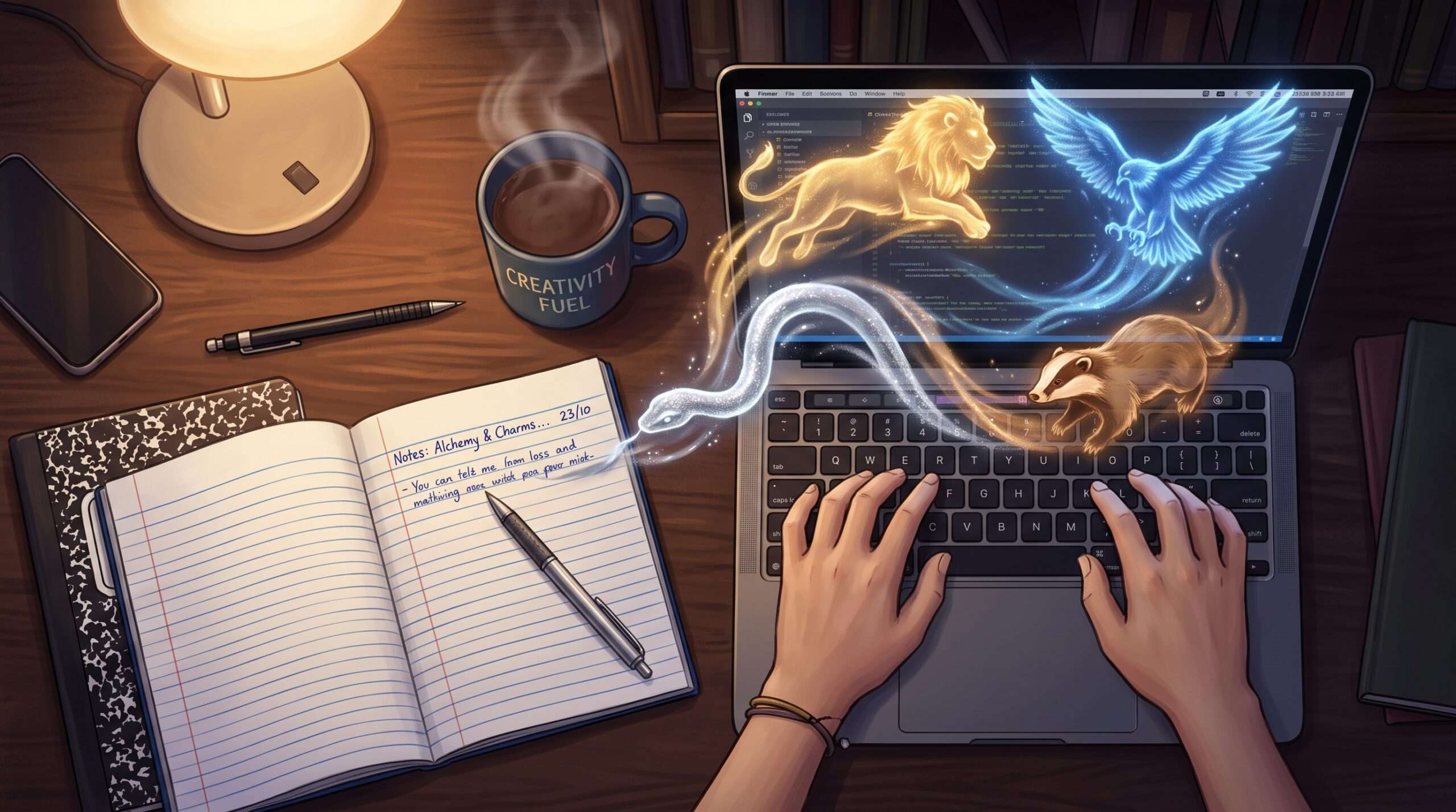 A student typing on a laptop with four glowing Hogwarts house mascots representing the creative process of writing a winning scholarship essay.