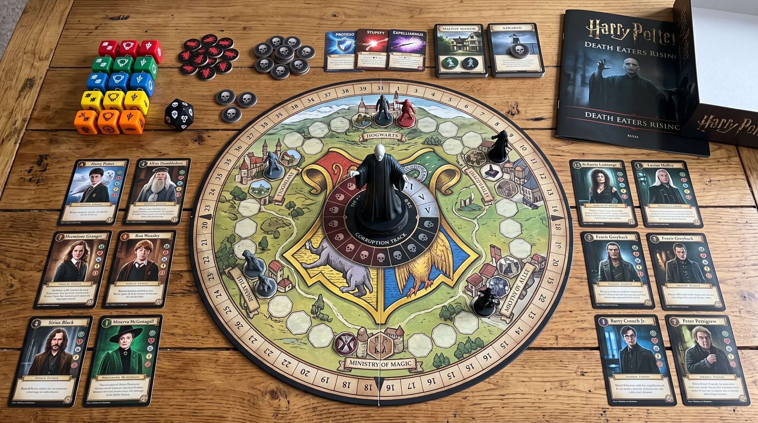 Comprehensive layout of all Harry Potter Death Eaters Rising board game components.