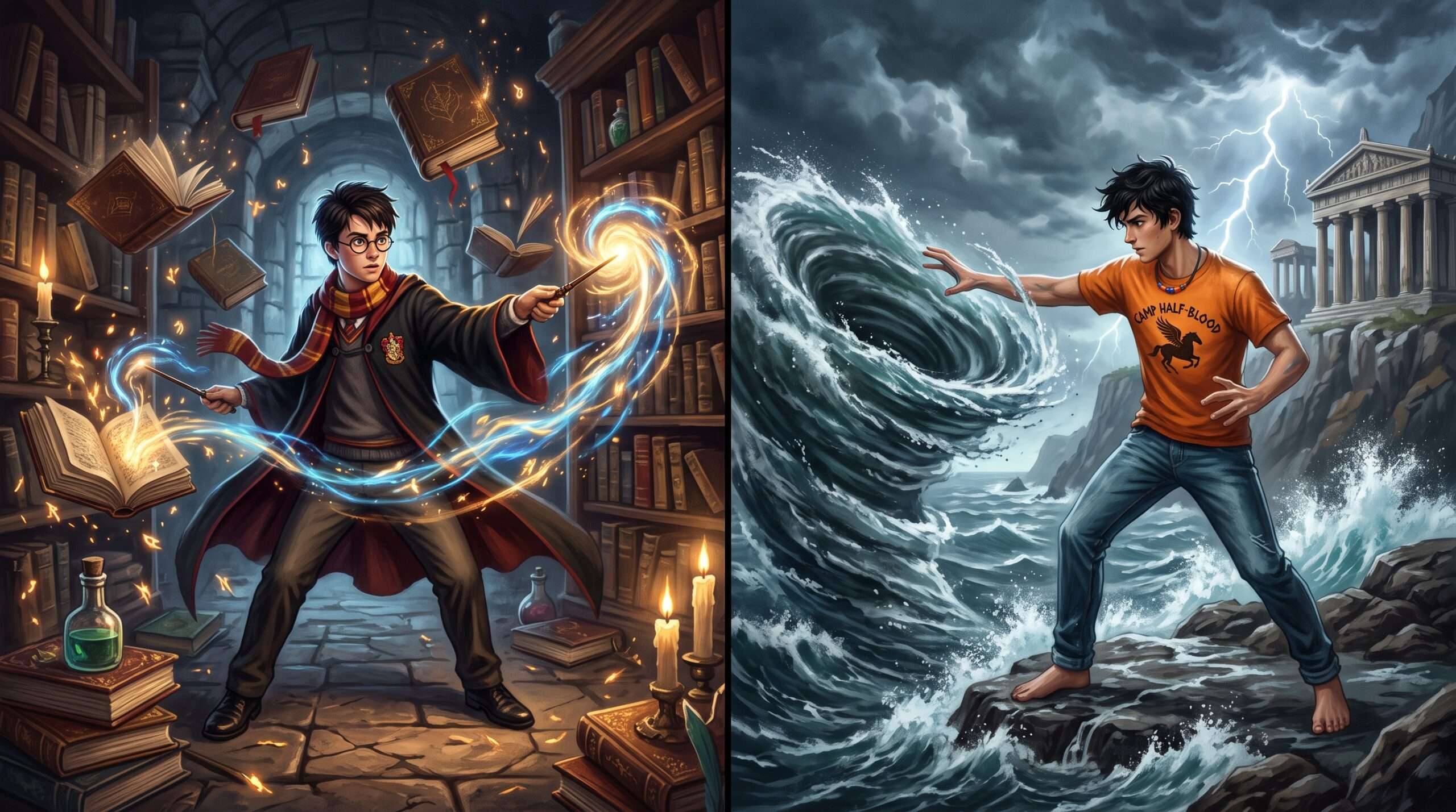 Split image comparing Harry Potter casting magic with a wand and Percy Jackson controlling water on a rocky coastline.