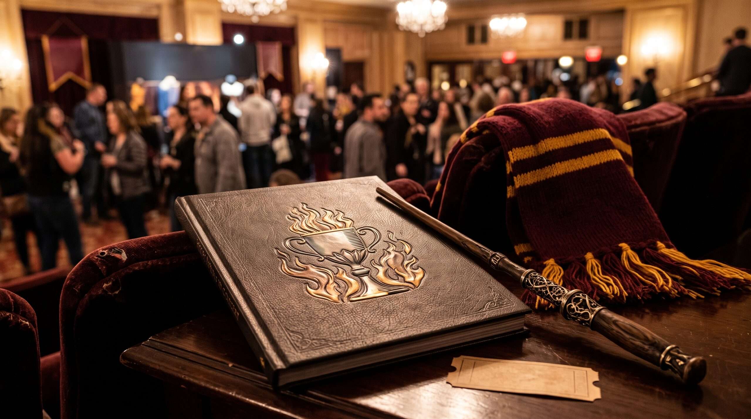 Detailed close-up of exclusive tour merchandise, including wands, a program, and a Gryffindor scarf, available at the Harry Potter and the Goblet of Fire concert event.