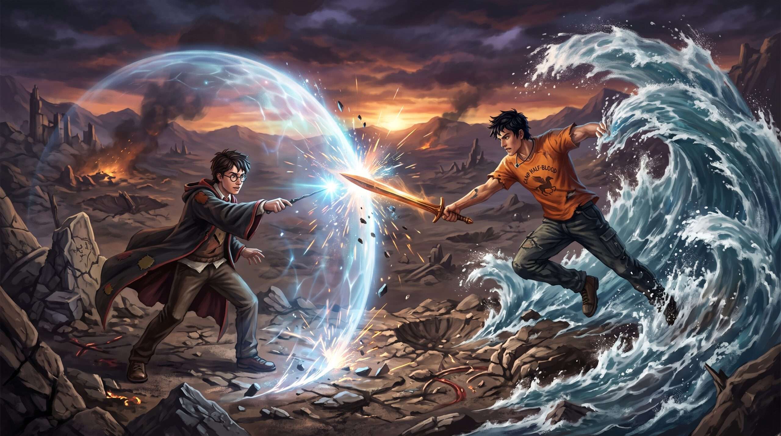 Action shot of Harry Potter dueling Percy Jackson, clashing magic and swordplay.