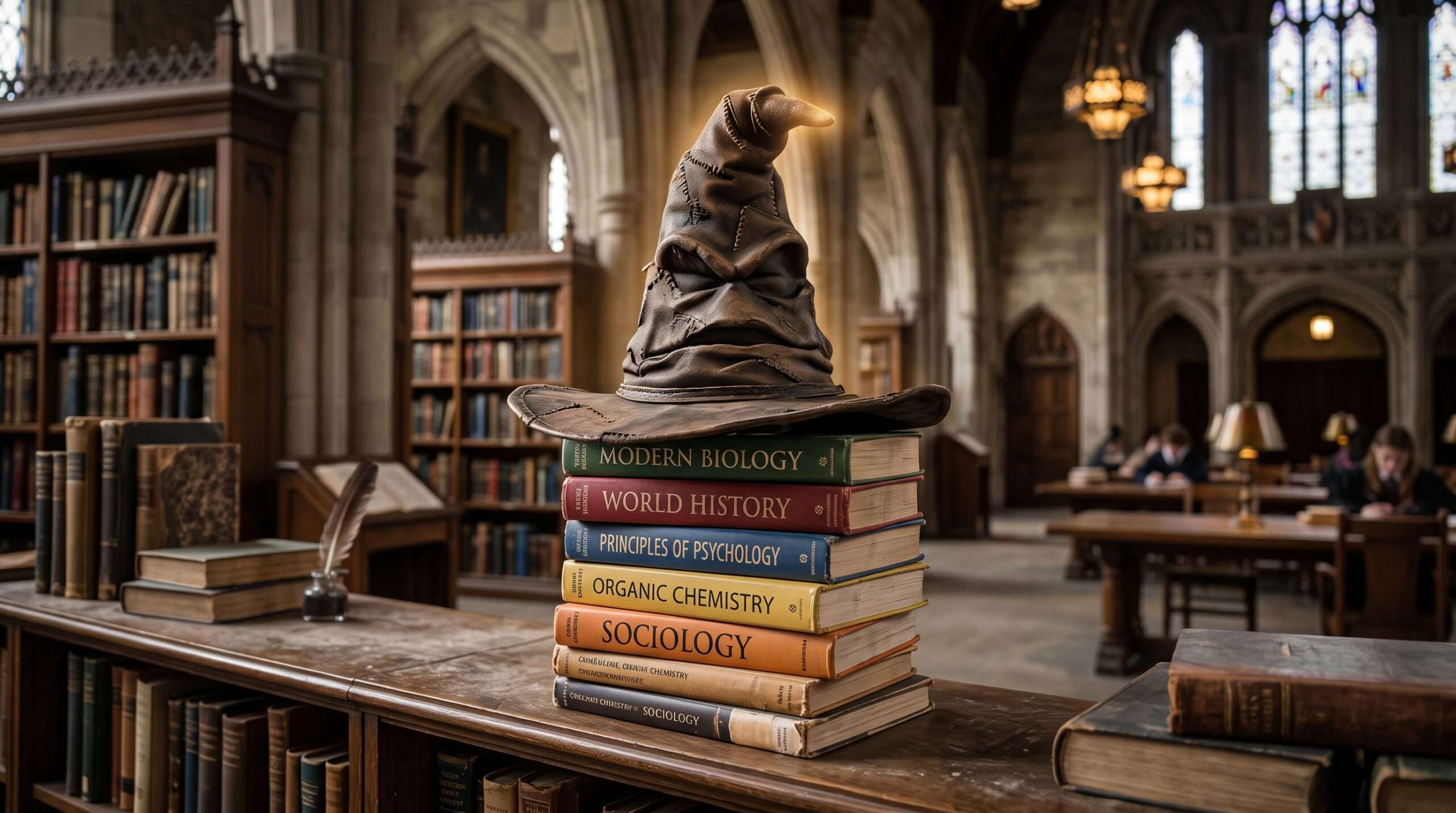 A magical Sorting Hat sitting on a stack of academic textbooks symbolizing the Harry Potter Sorting Hat scholarship.