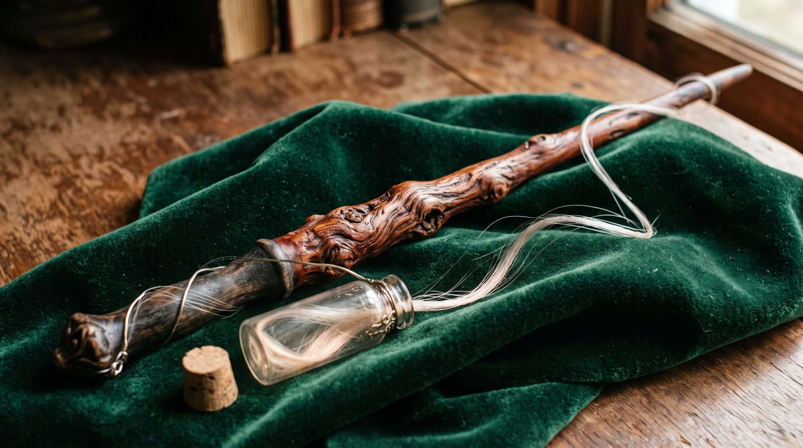 Draco Malfoy’s hawthorn and unicorn hair wand specifications close-up.