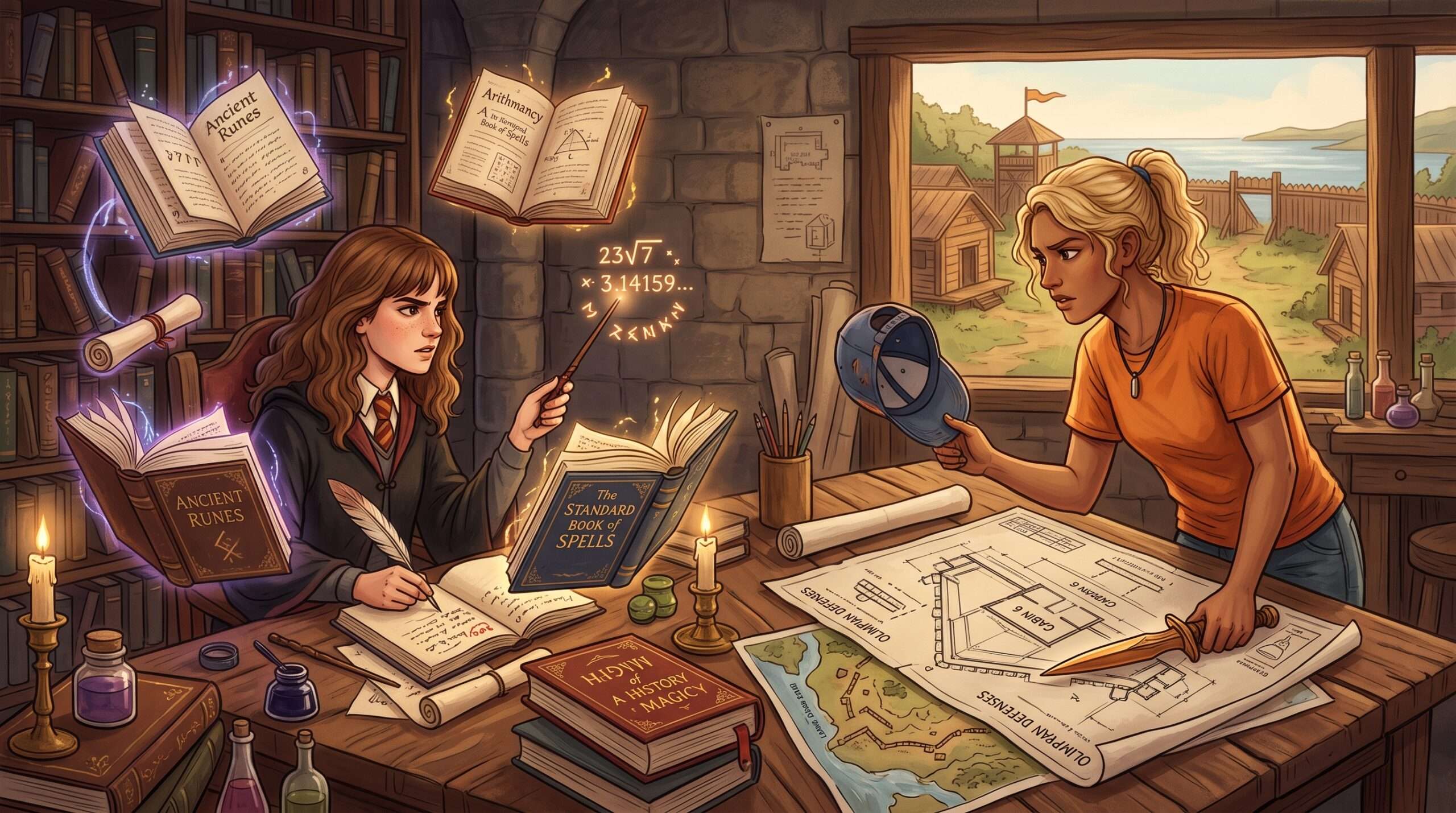 Comparison of Hermione Granger researching magic books and Annabeth Chase analyzing architectural blueprints.