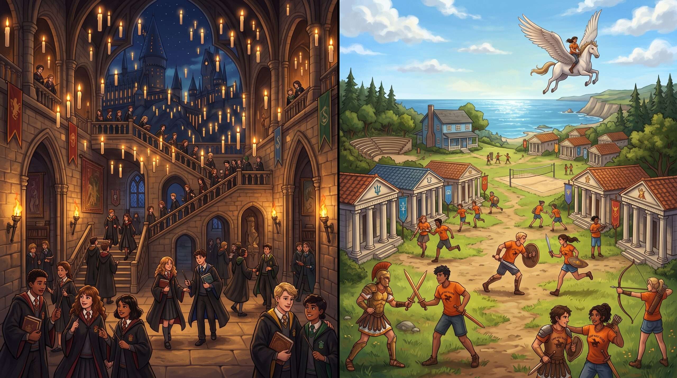 16:9 panoramic comparison of the detailed interiors of Hogwarts Castle and the active training grounds of Camp Half-Blood.