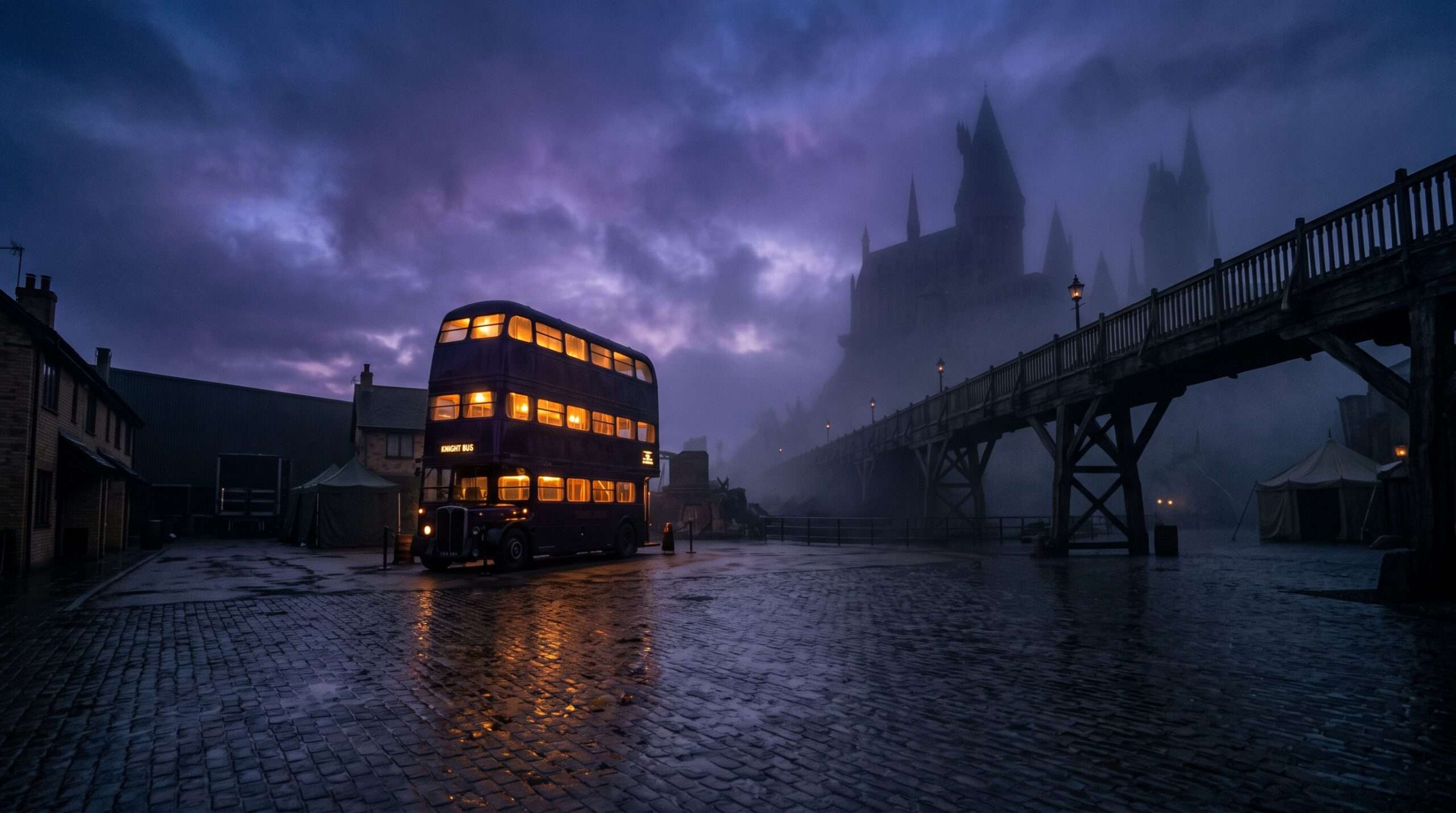 Warner Brothers Halloween Dark Arts Tour Backlot at Dusk featuring Knight Bus and Hogwarts Bridge
