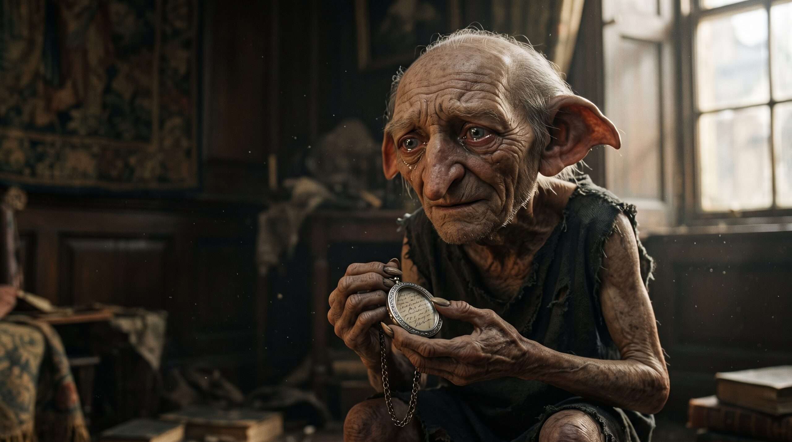 Detailed close-up of Kreacher the house-elf holding the fake locket with reverence and awe.
