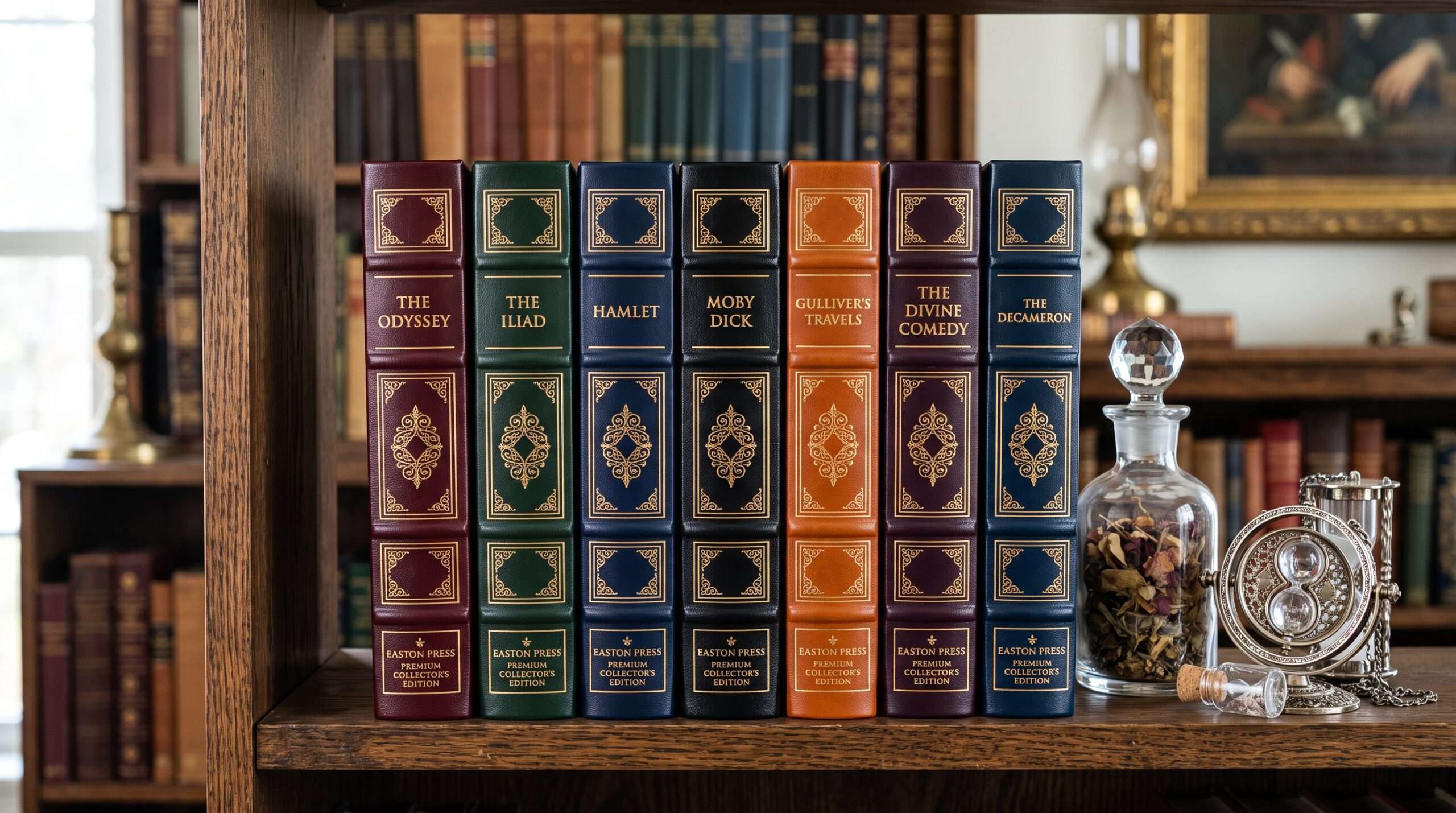 A matching set of seven luxury Easton Press style Harry Potter companion books in different colors with gold stamping and collectibles on a dark wood shelf.