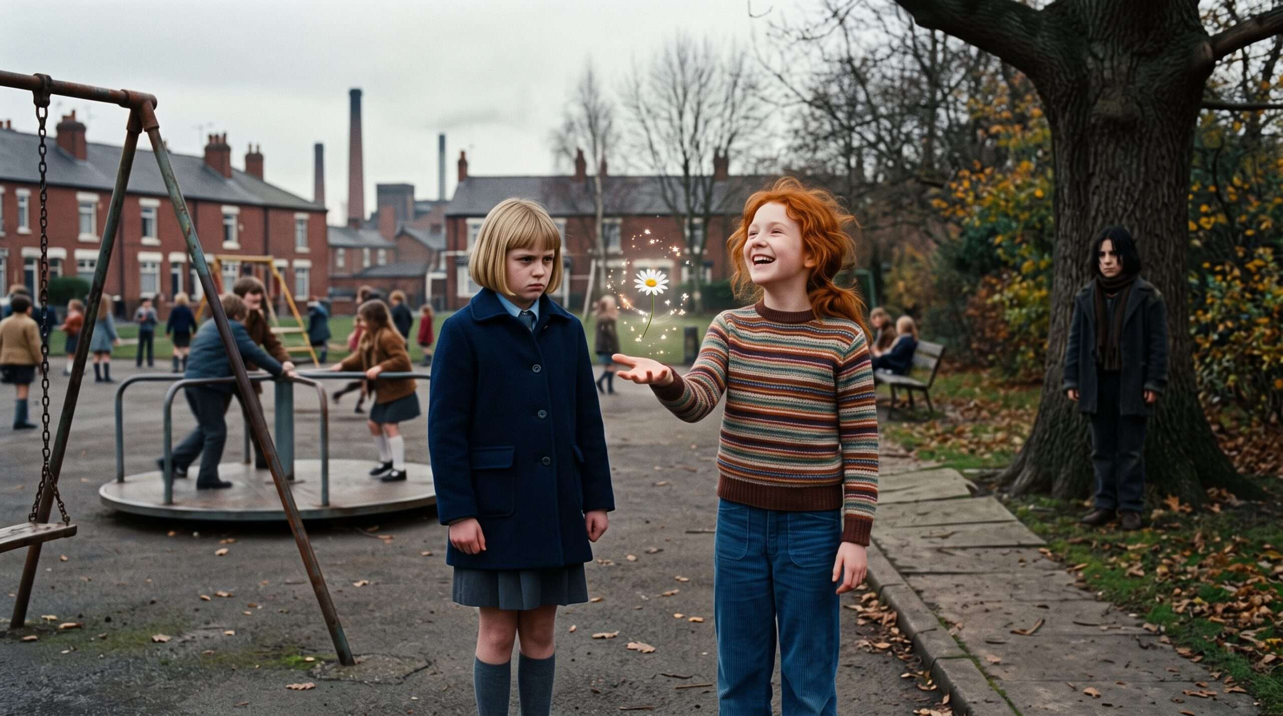Young Lily Evans performing magic on a playground while Petunia watches in envy.