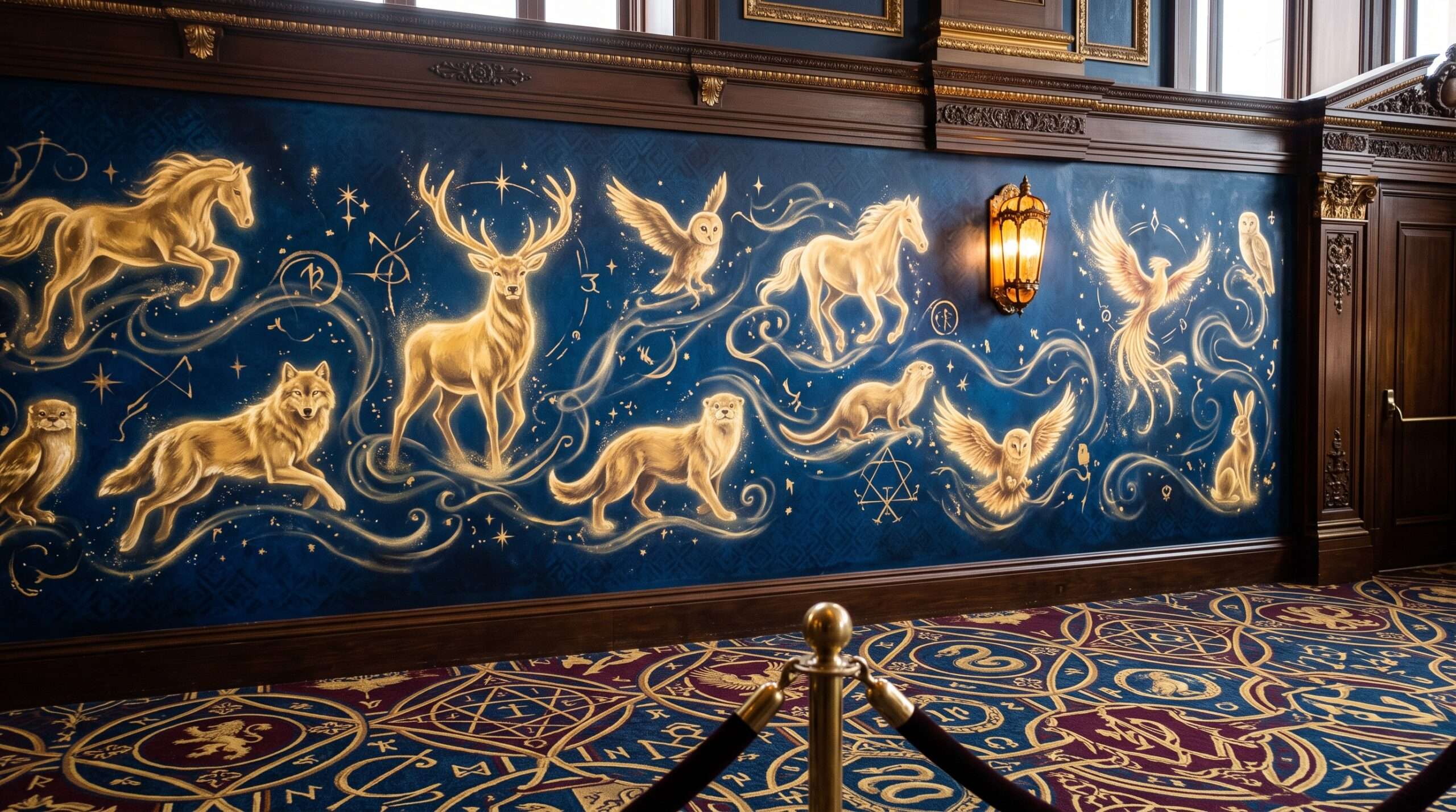 Custom Patronus mural wallpaper in the renovated Lyric Theatre lobby for Harry Potter on Broadway.