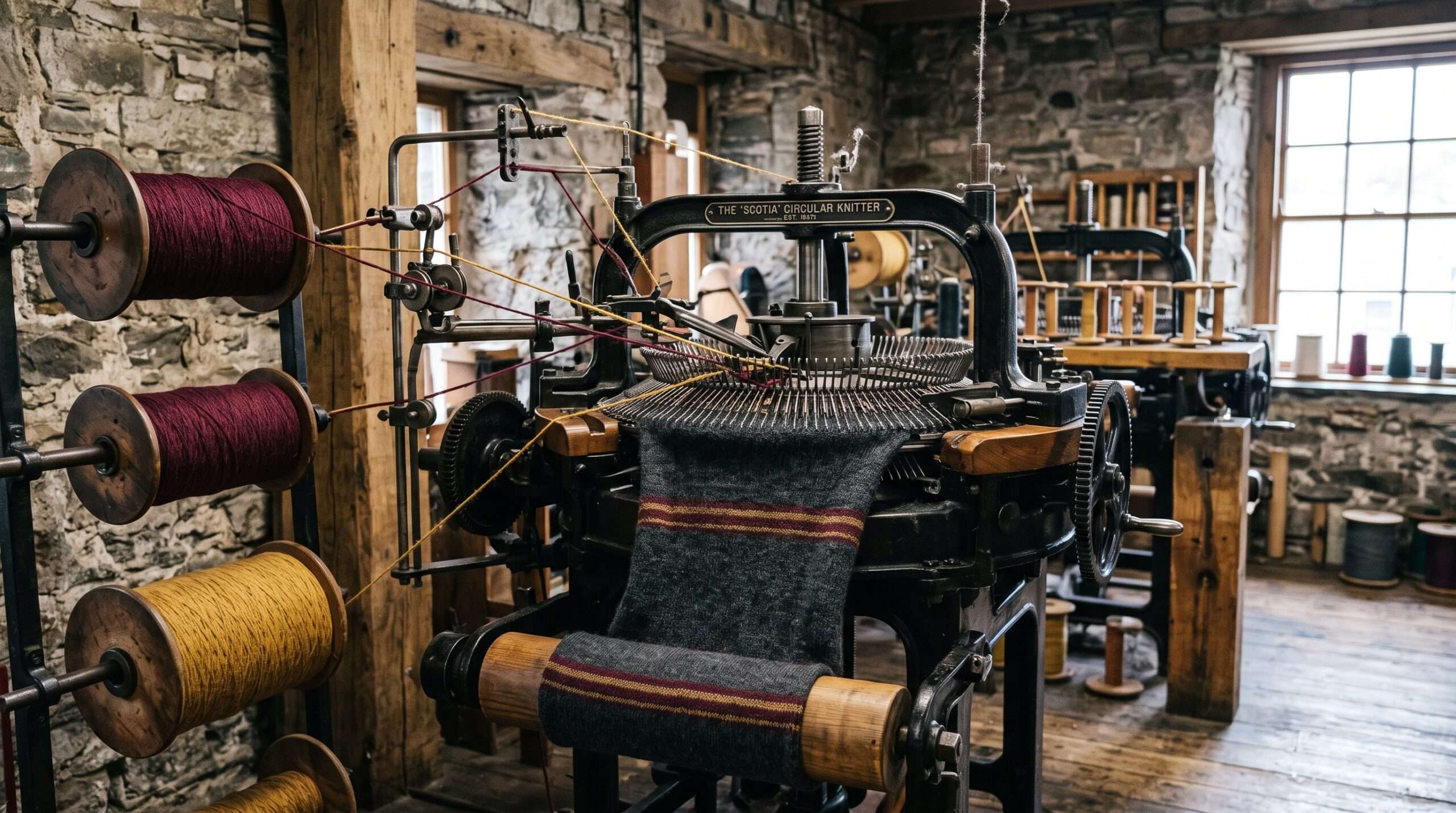 A vintage circular knitting machine weaving charcoal grey Hogwarts school uniform fabric with burgundy and gold yarn in a historic Scottish mill.