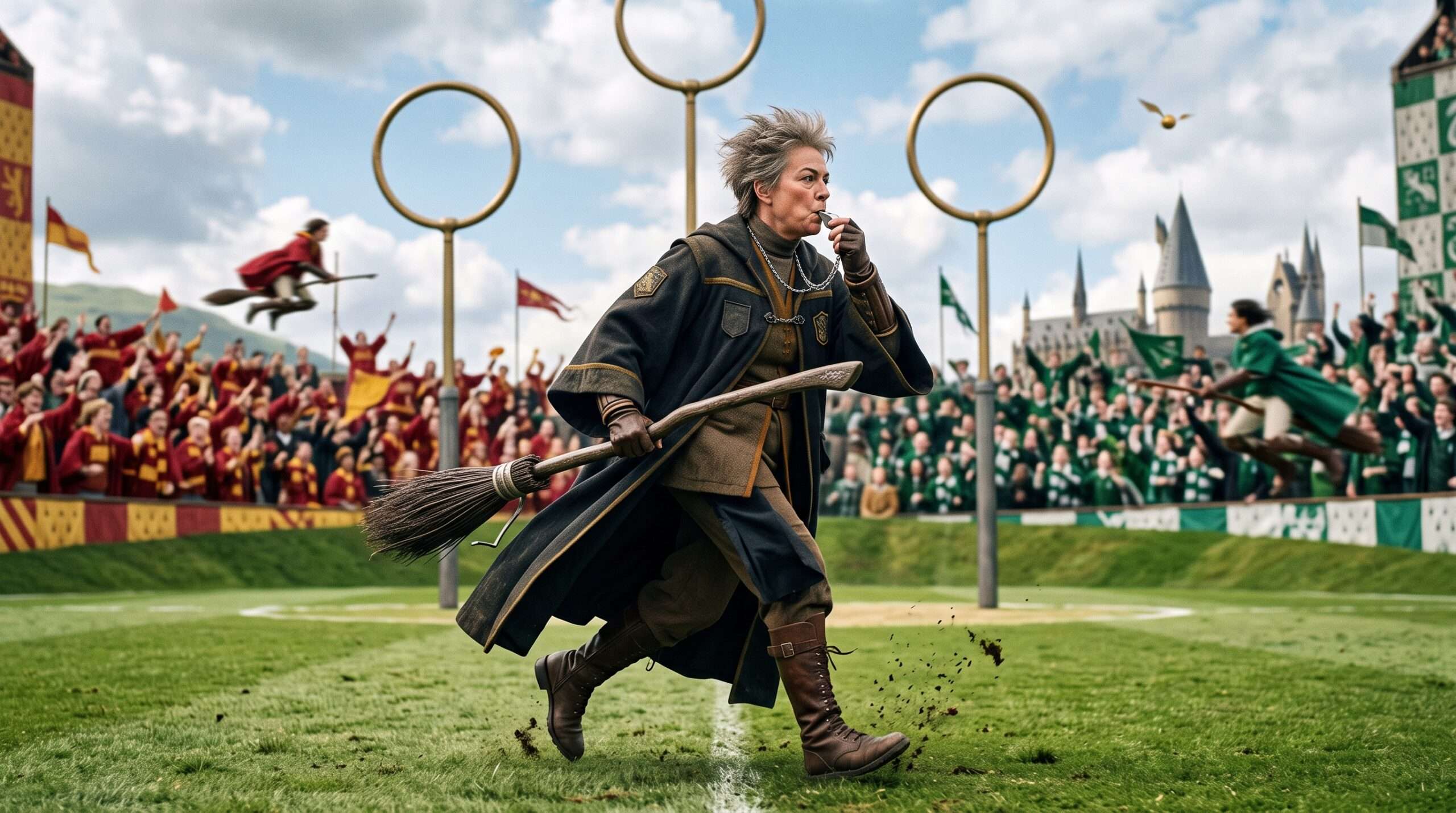 Madam Hooch from Harry Potter blowing her whistle and refereeing a Quidditch match at Hogwarts.