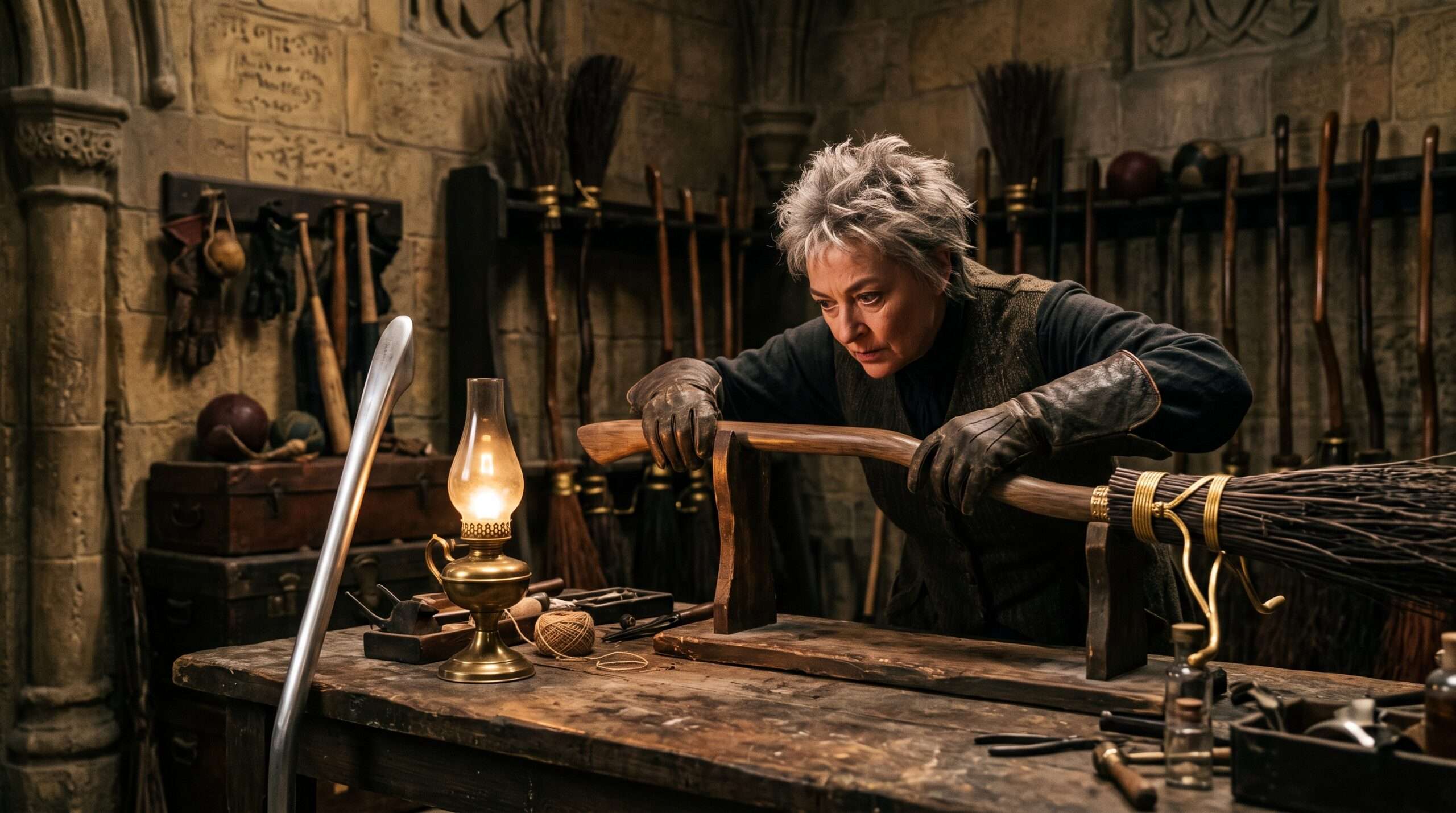 Madam Hooch from Harry Potter inspecting a Firebolt broomstick in her workshop.