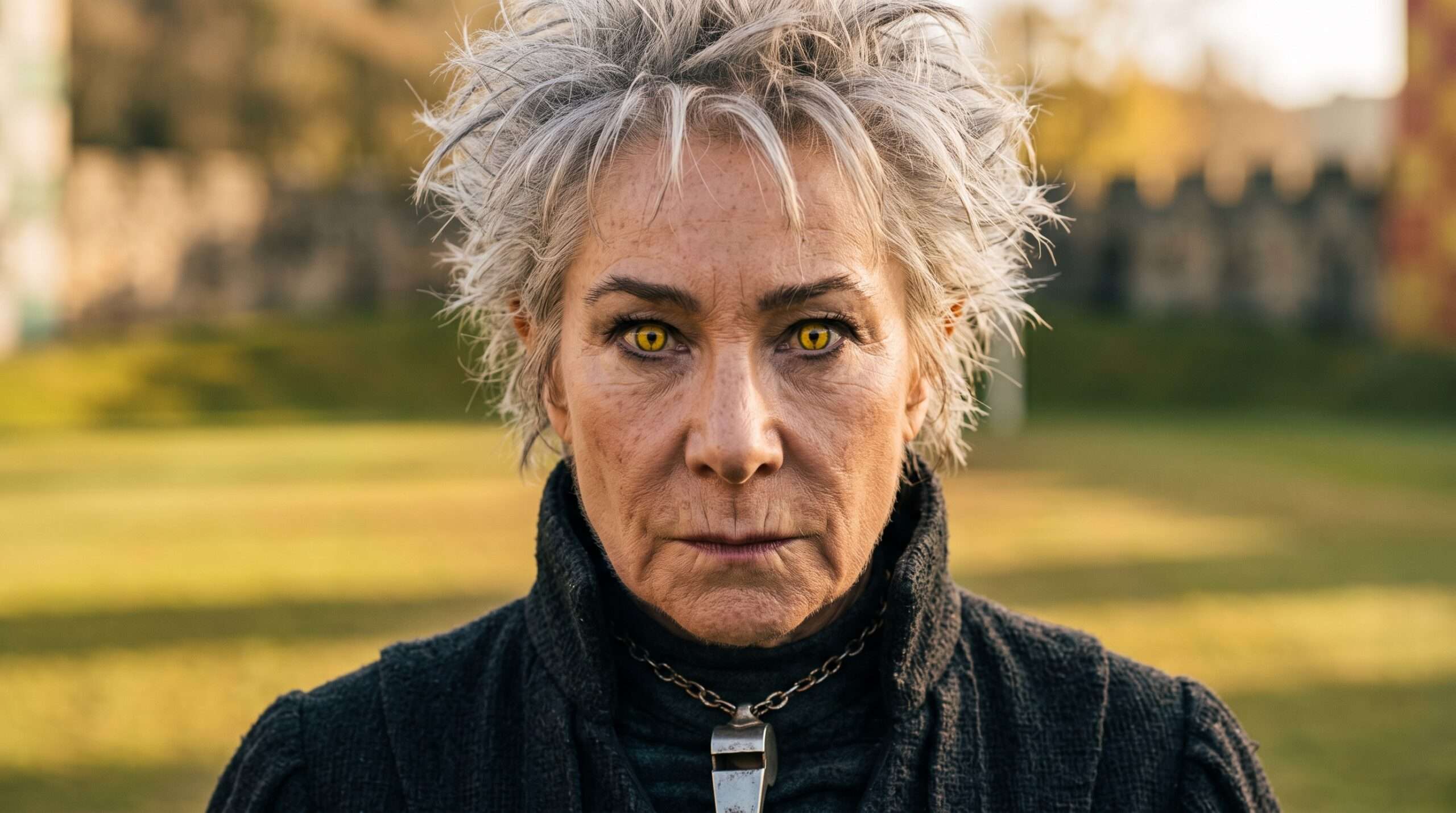 A close-up portrait highlighting the piercing yellow hawk-like eyes of Madam Hooch from Harry Potter.