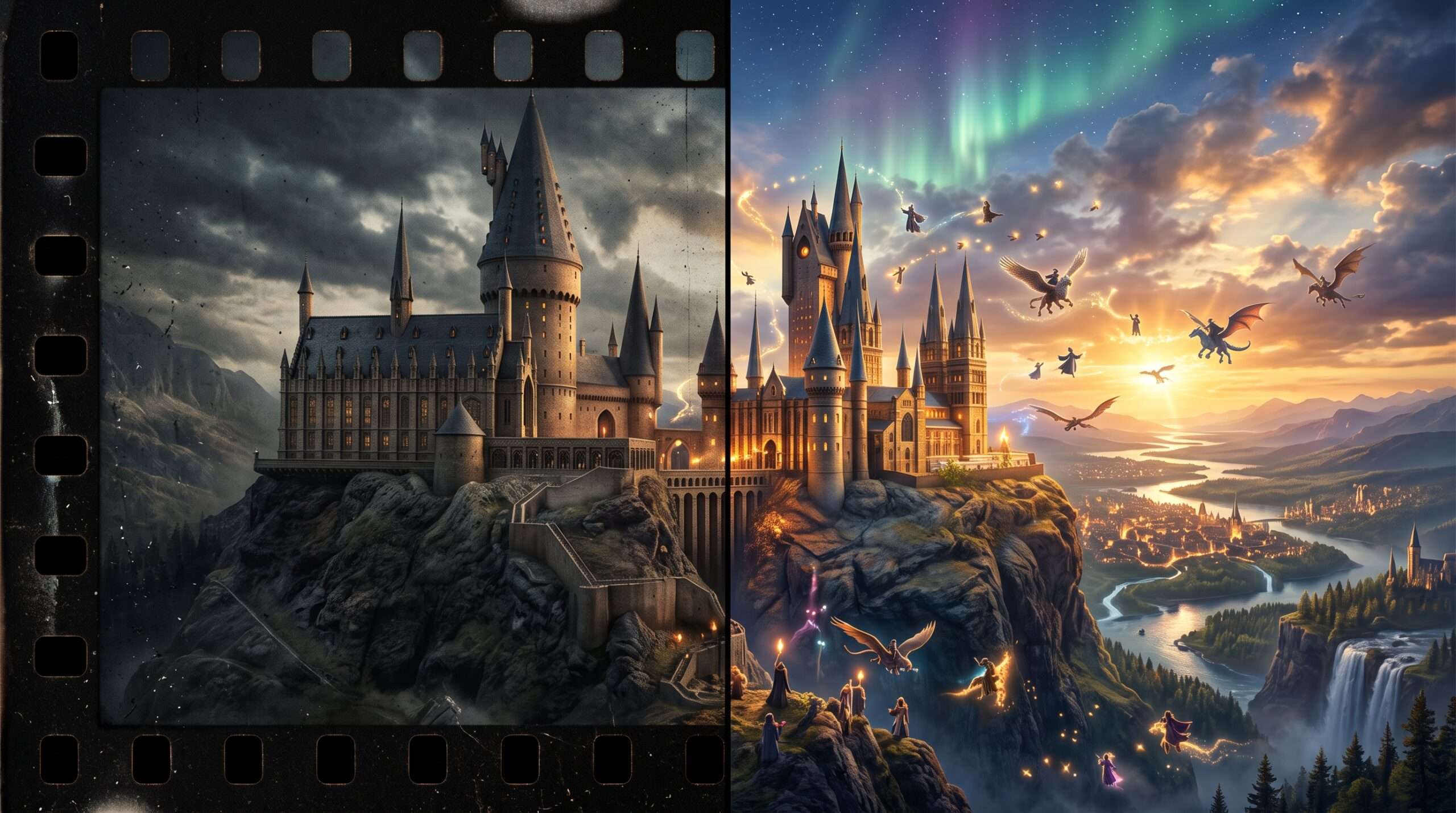 Cinematic visual comparison of a magical castle representing the transition from limited movies to an expansive TV reboot.