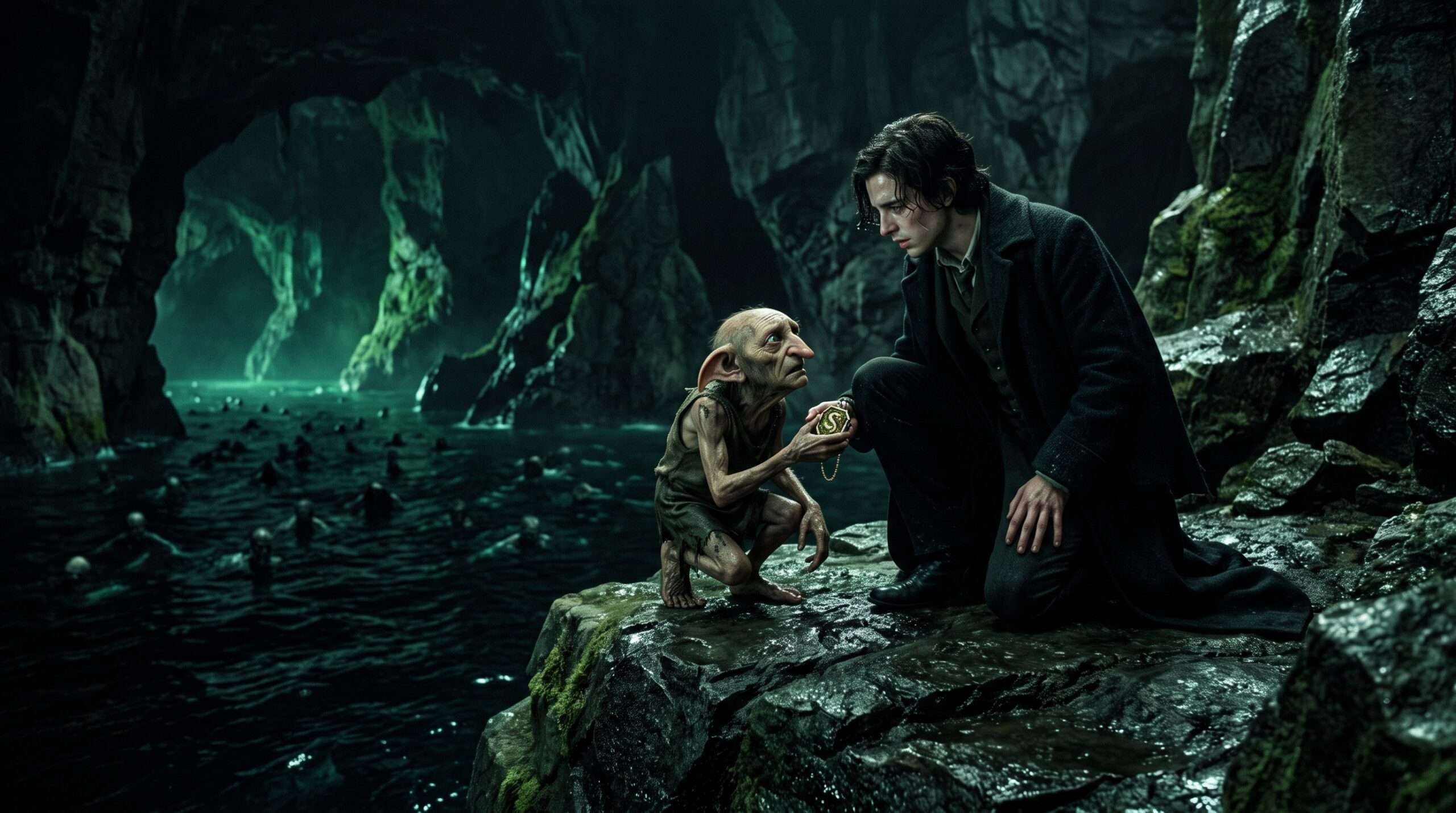 Regulus Black kneeling in a dark cave giving the Slytherin Horcrux locket to a cowering Kreacher.