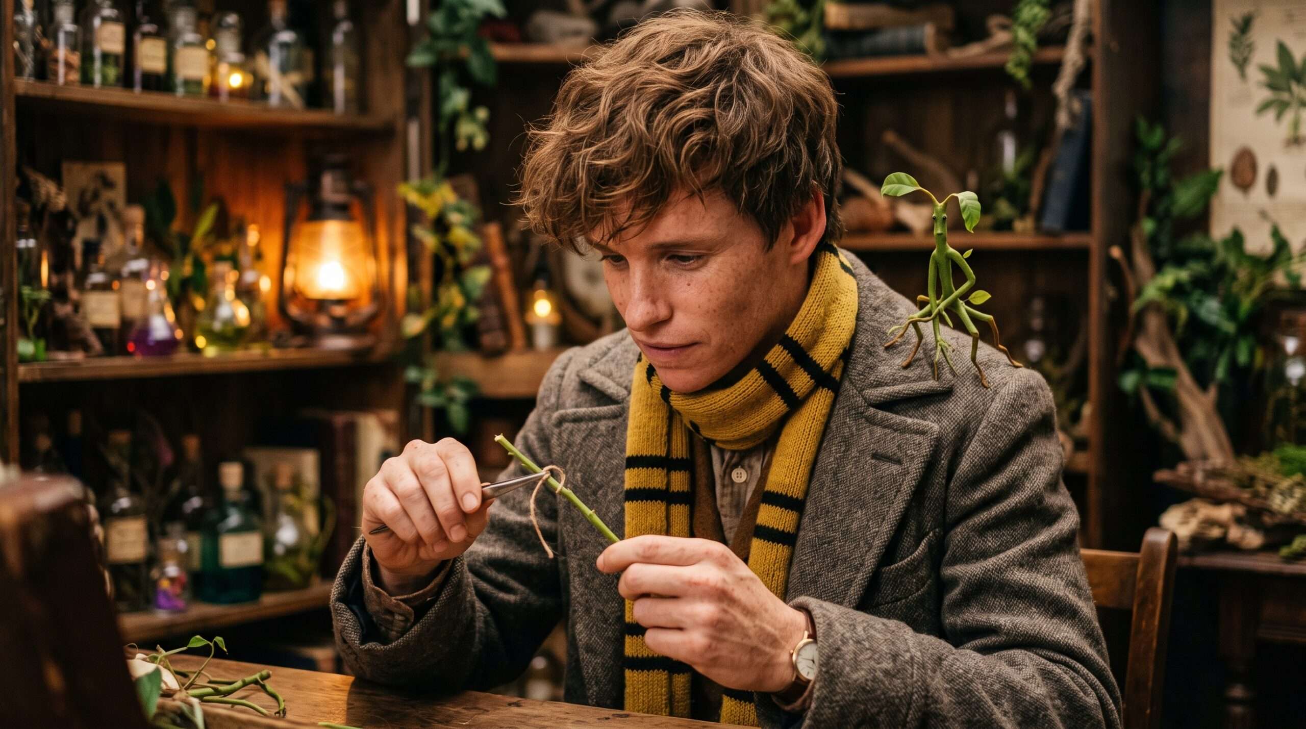 Newt Scamander wearing his Hufflepuff scarf while caring for Pickett the Bowtruckle, symbolizing loyalty.