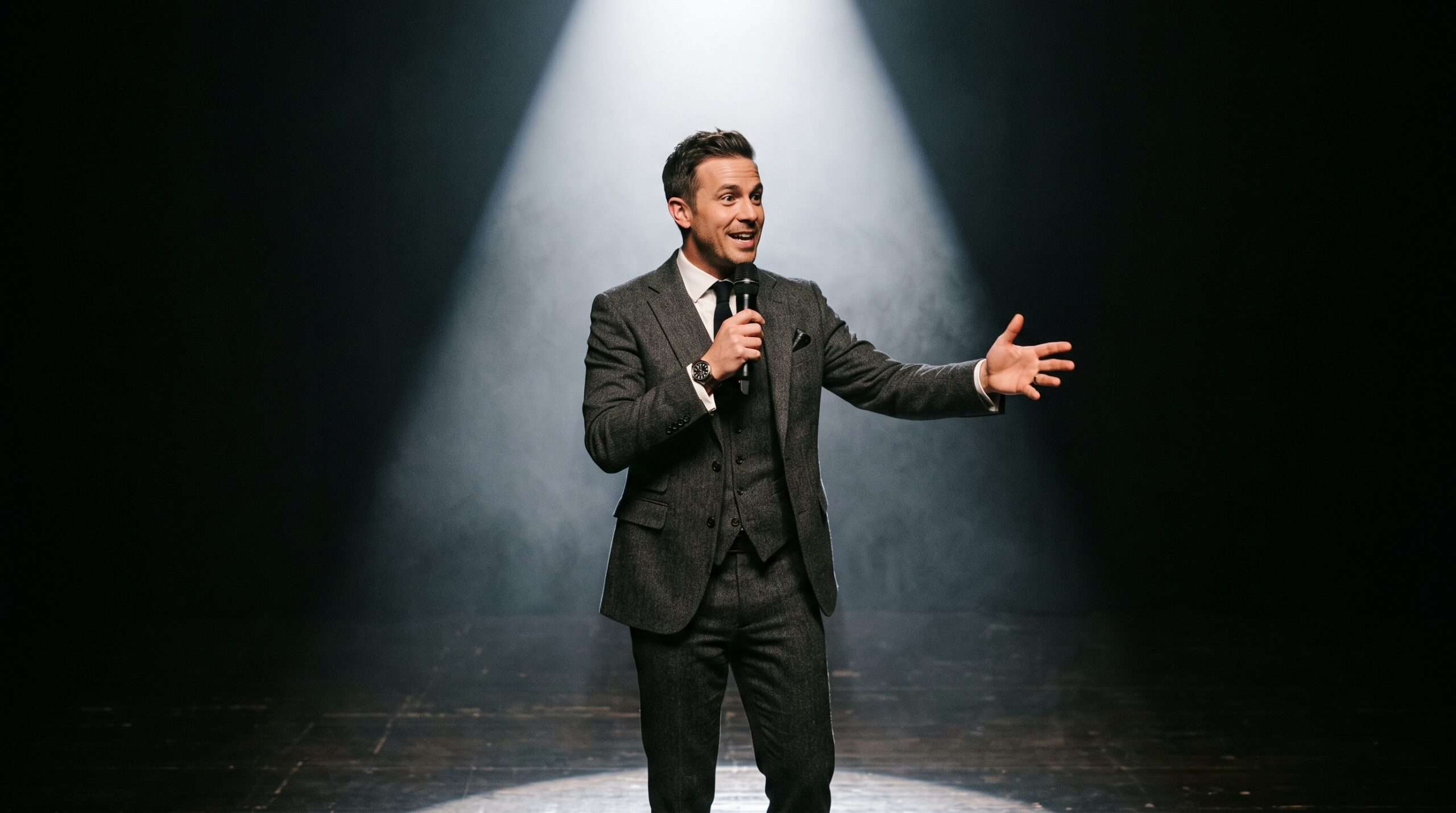 A male host in a tweed suit speaking with a microphone under a spotlight on a dark stage.