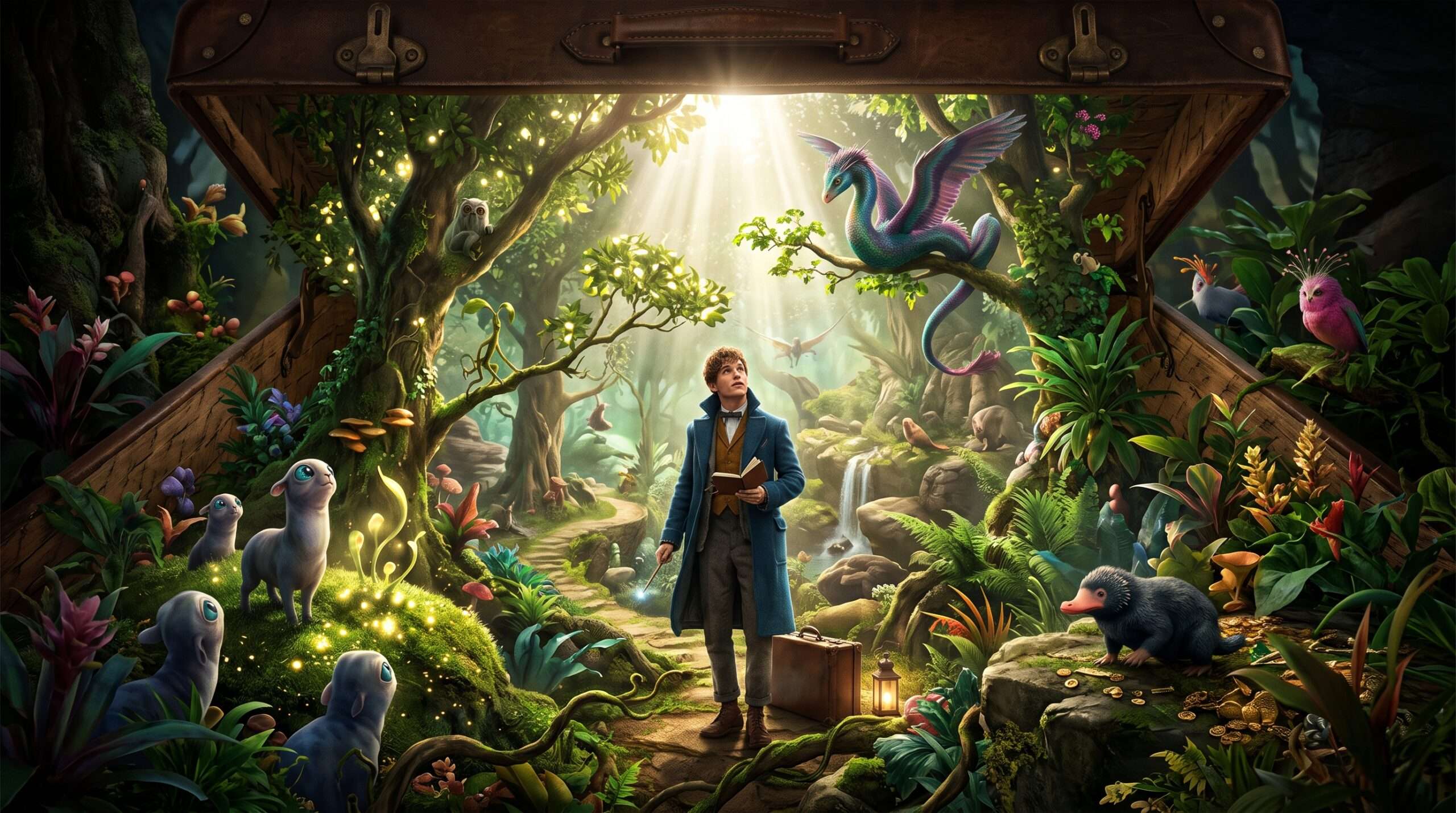 A comprehensive view inside Newt Scamander's suitcase ecosystem with various magical beasts, illustrating his name's destiny.