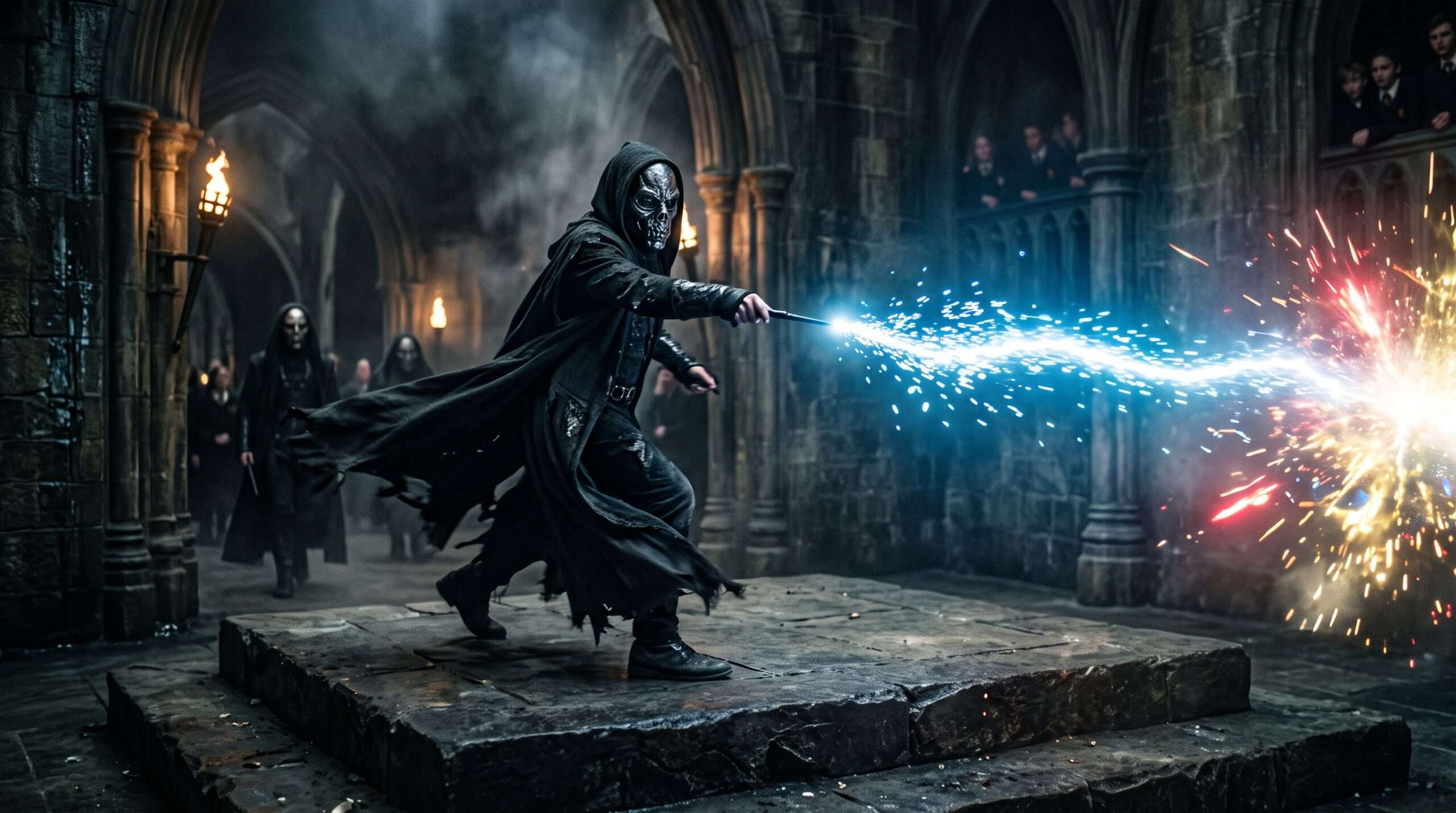 Action shot of a live magical duel between a Death Eater and a duelist at Warner Bros Studio Tour during the Dark Arts Halloween procession.