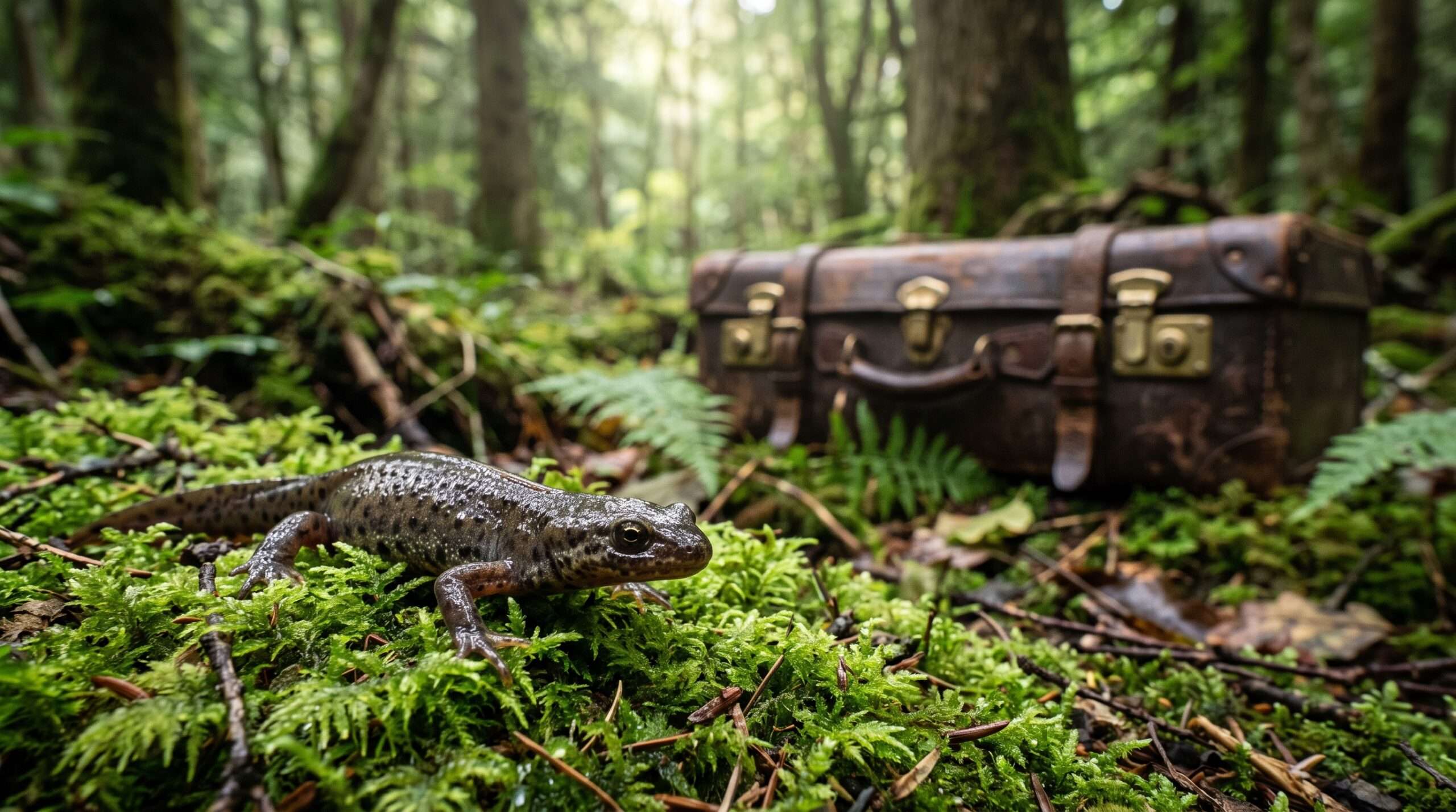 A macro photo of a newt resting on moss in a forest, illustrating the animal connection behind the name Newt Scamander.