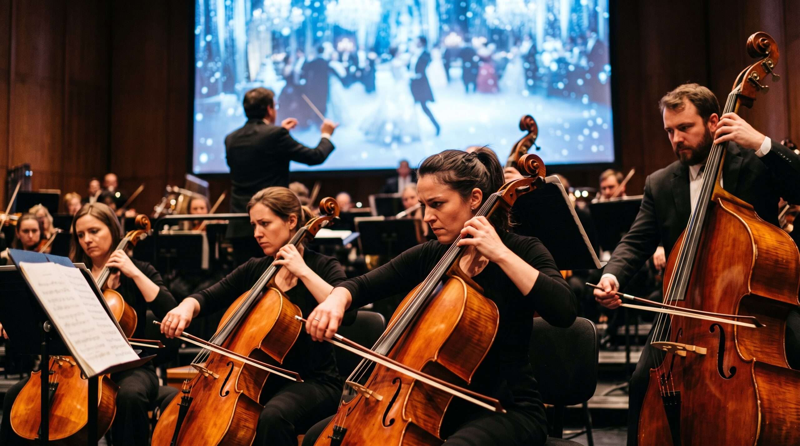 Close-up of classical musicians performing the emotional and dramatic Patrick Doyle score for the Harry Potter and the Goblet of Fire movie.