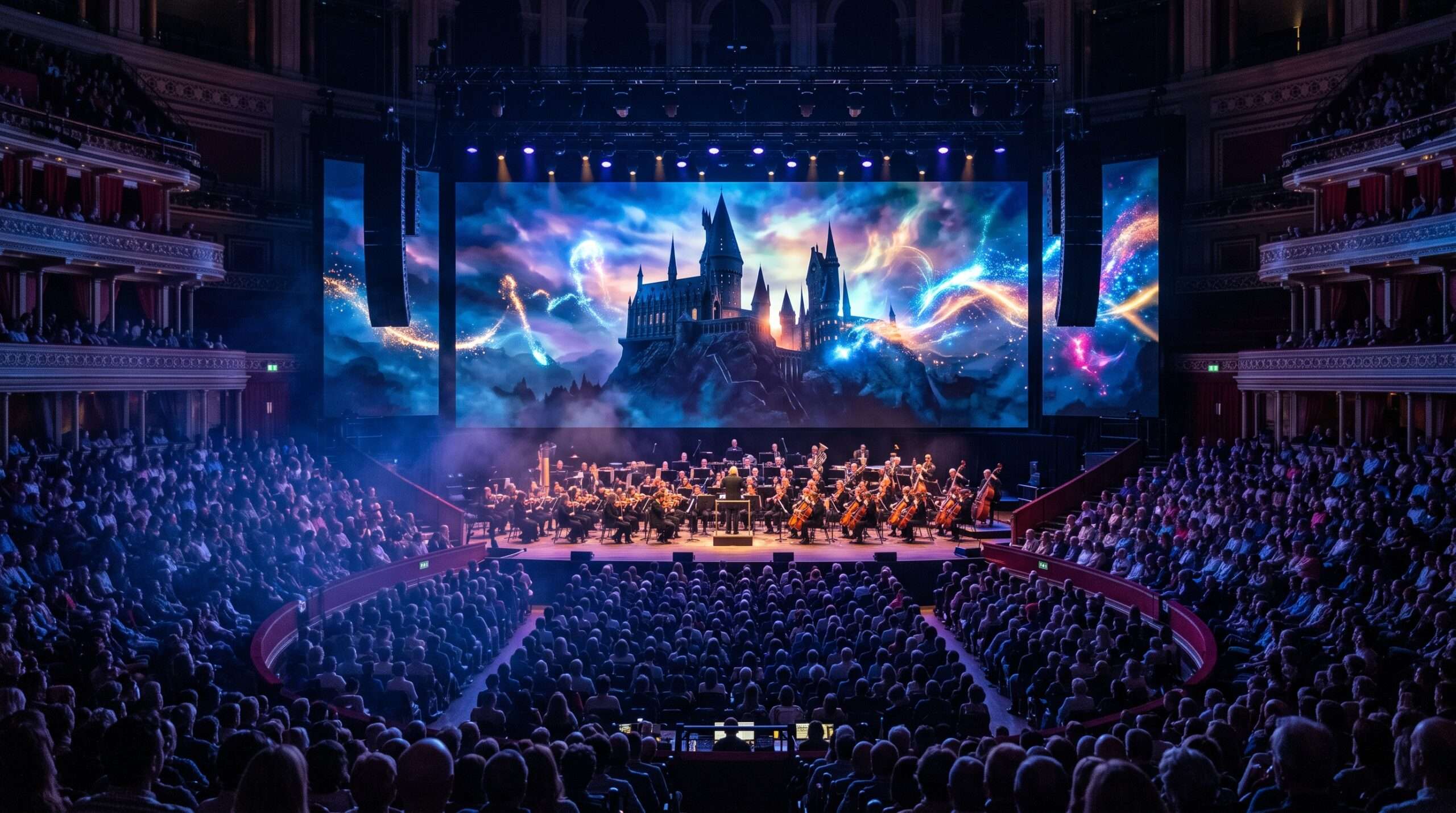 Orchestral concert stage featuring massive LED screen displaying stylized wizarding castle and magic graphics.