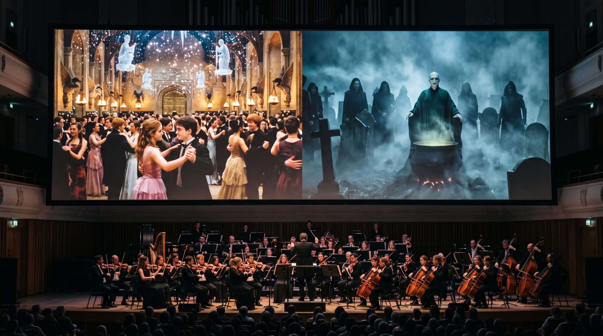 Split visual image comparing a magical Yule Ball scene and a dark graveyard scene from the Harry Potter film concert to illustrate potential intensity for young children.