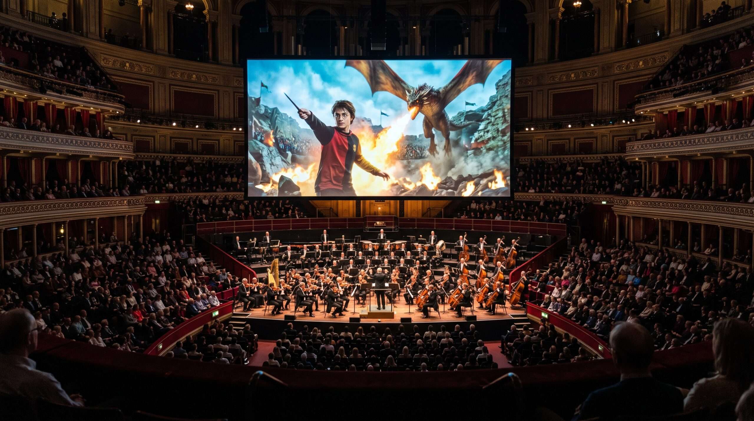 Full symphony orchestra performing live below a giant screen showing Harry Potter fighting a Hungarian Horntail dragon.