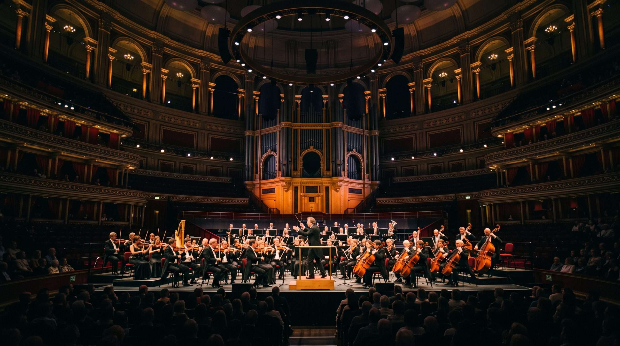 Full symphony orchestra performing on a grand stage with magical blue and amber lighting.