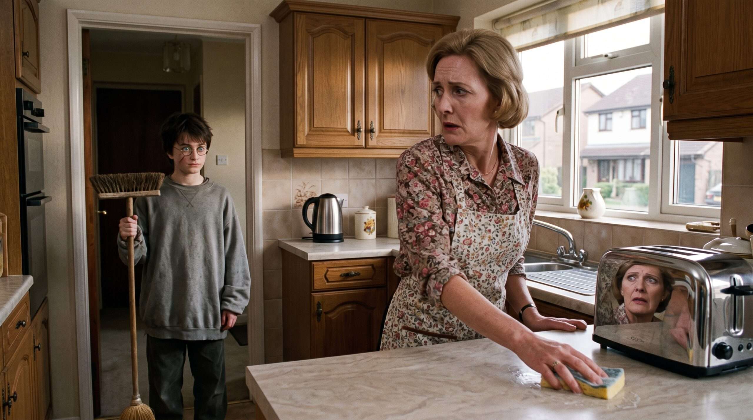 Harry Potter looks at Petunia Dursley, with a specific focus on his green eyes which resemble Lily's.