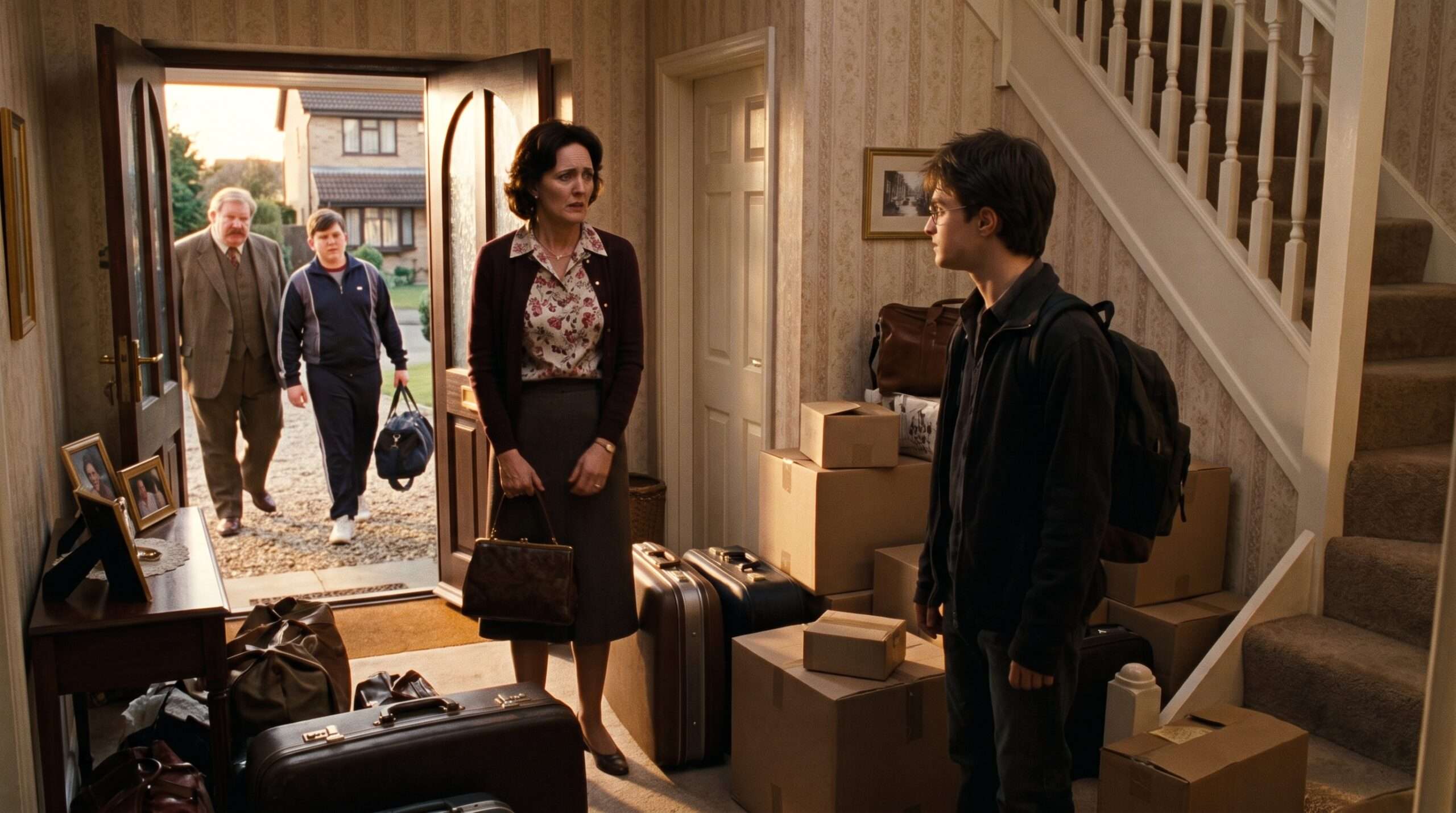 Petunia Dursley hesitating to speak to Harry Potter during their final goodbye at Privet Drive.