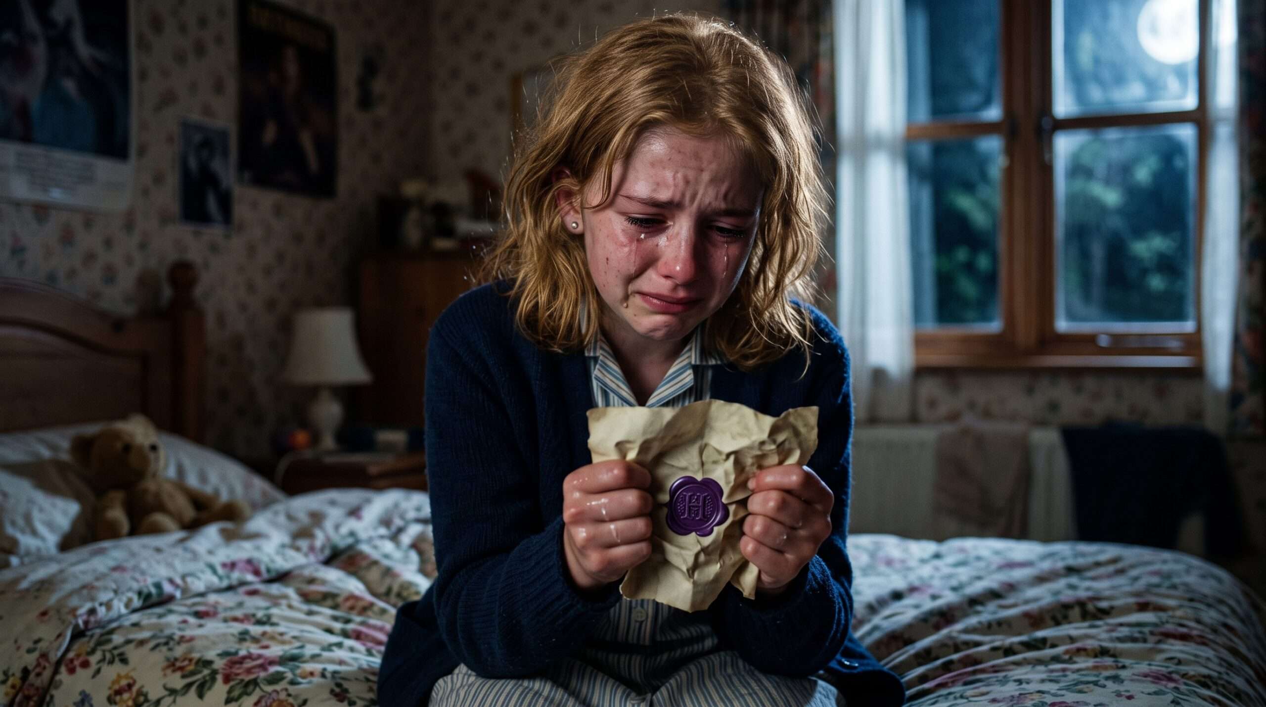 A young Petunia Evans crying after being rejected by Dumbledore from Hogwarts.