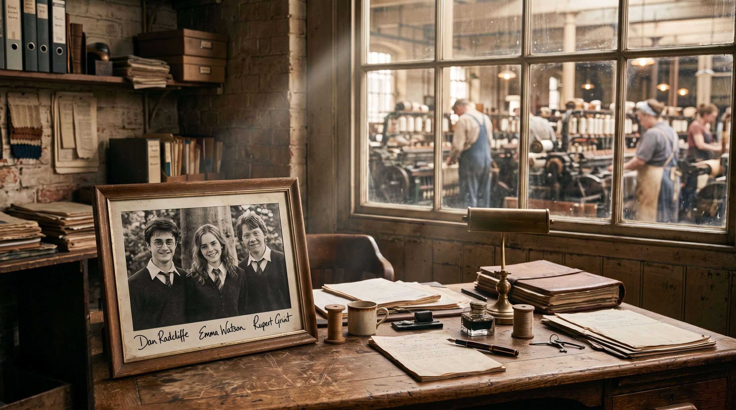 A framed, signed photograph of the Harry Potter cast sitting on a rustic desk in the Lochaven mill office, overlooking the saved factory floor.