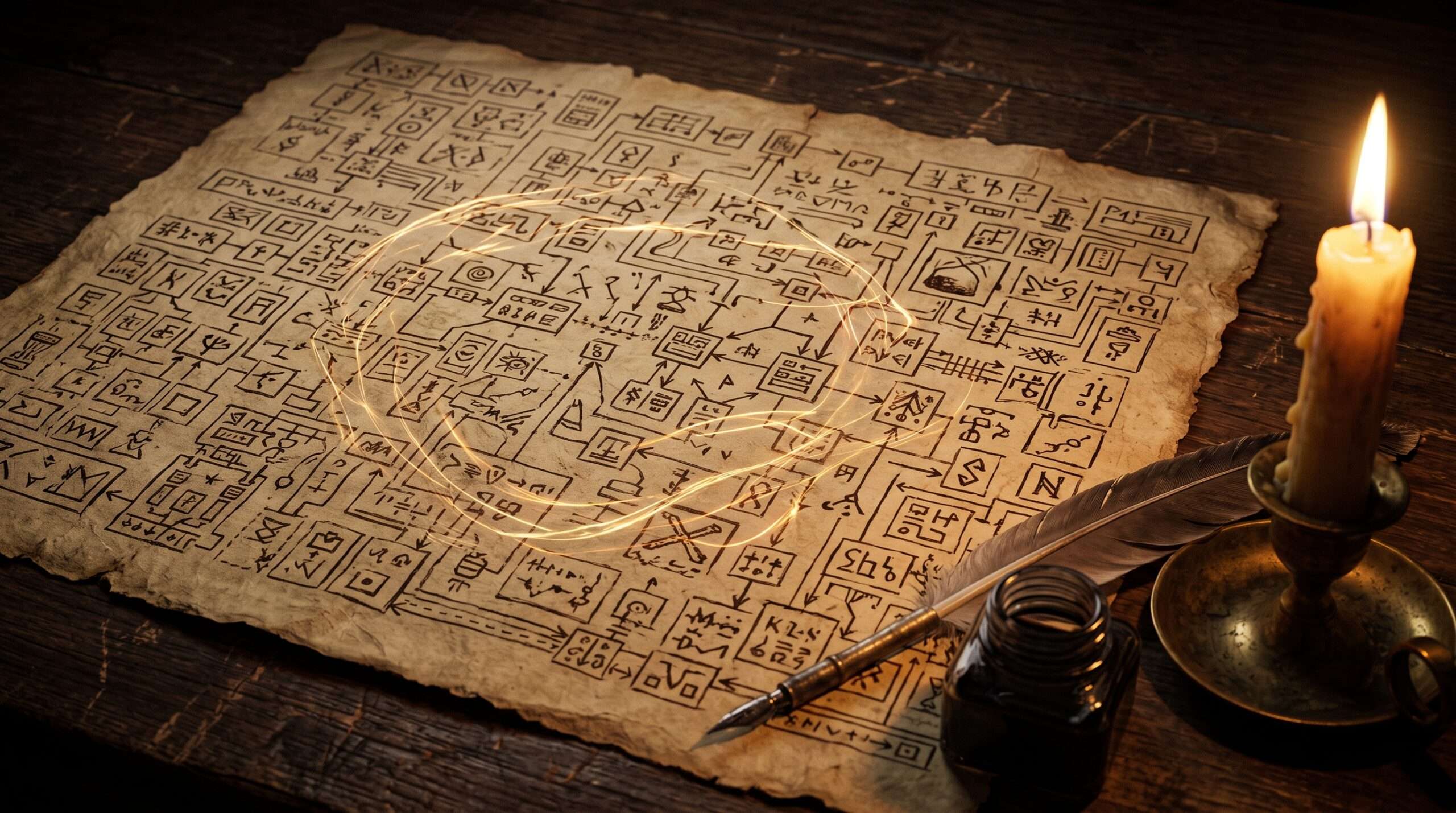A visualization of J.K. Rowling's grid system for plotting the Harry Potter novels, featuring an intricate grid on parchment with quill and ink.