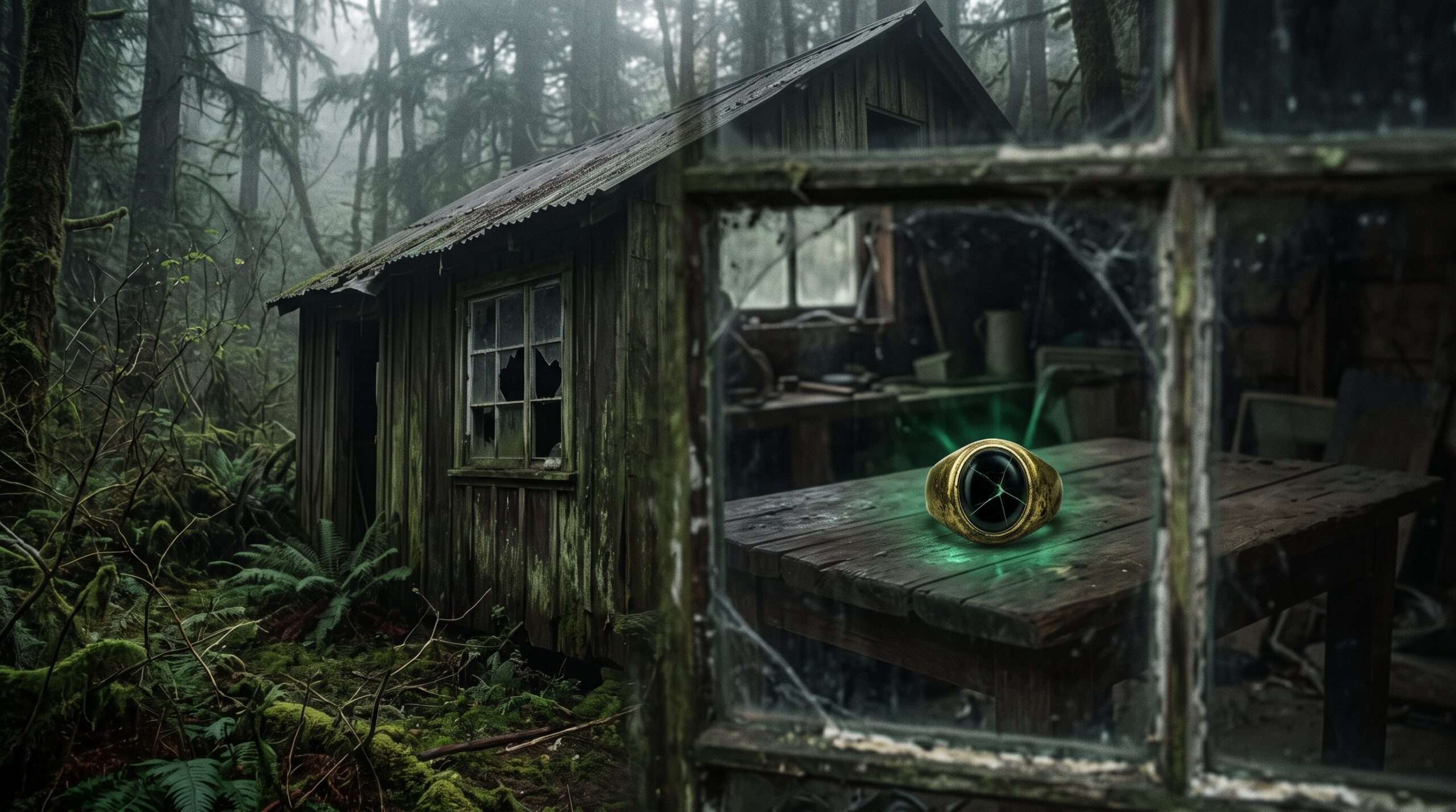 A creepy ruined wooden shack hidden in a misty dark forest with a glowing cursed ring inside.