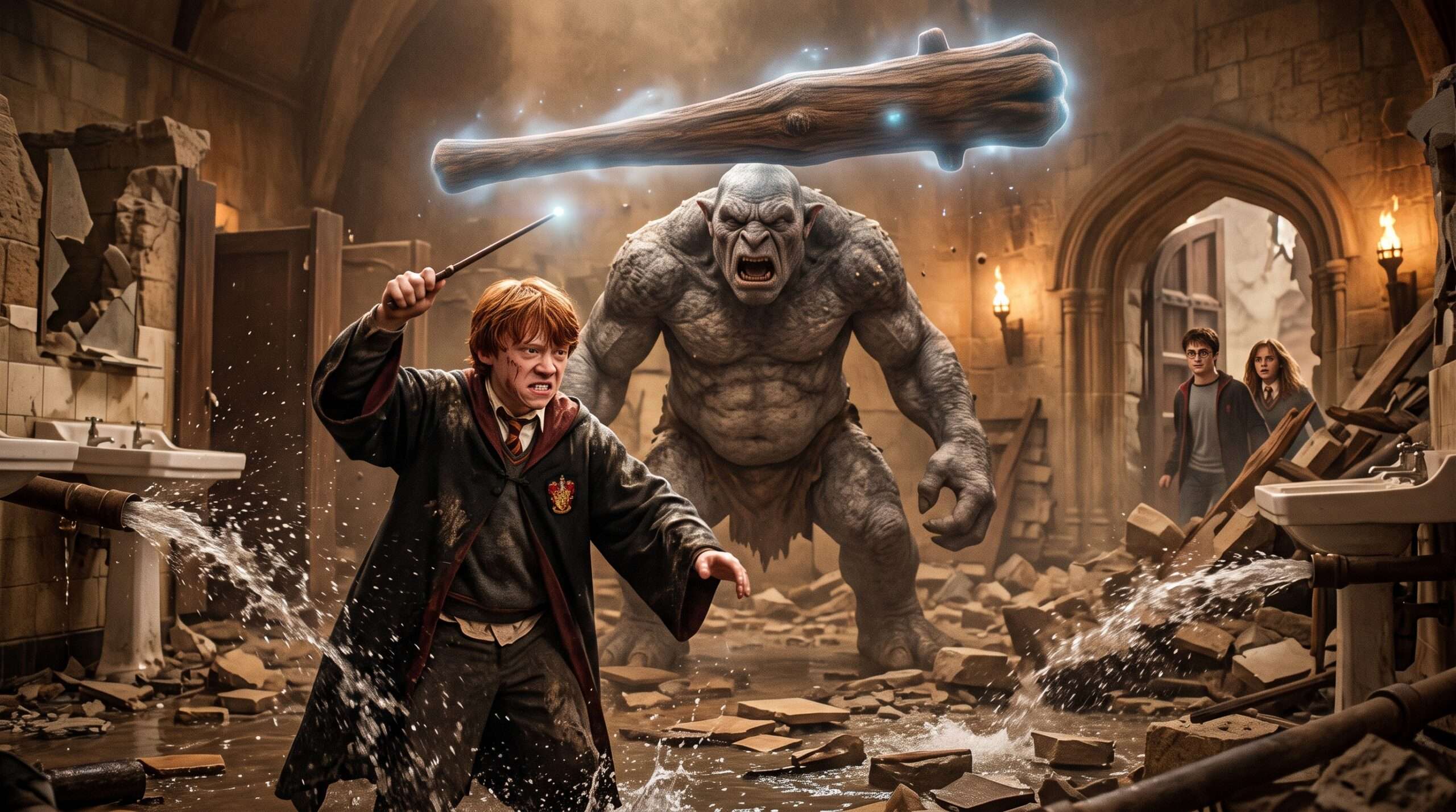 An action shot focusing on Ron Weasley successfully levitating the Mountain Troll's club during the fight in the girls' lavatory.