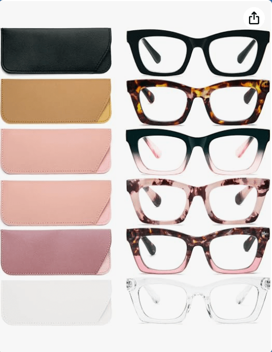 REAVEE 6 Pack Reading Glasses for Women Blue Light Blocking, Cute Square Computer Readers with Spring Hinge 