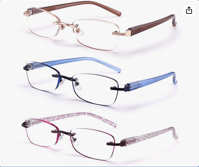 3-Pack Rimless Reading Glasses For Women, Lightweight Spring Hinge Readers, Classic Elegant Artistic Eyeglasses UV 400 