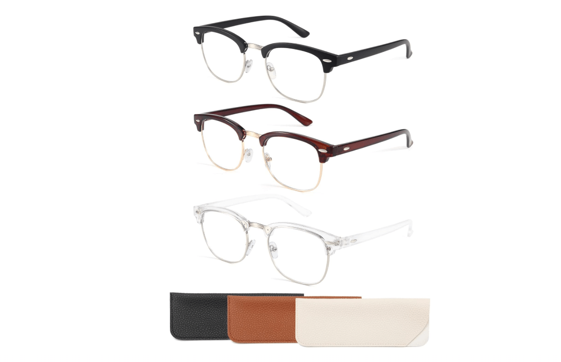 CCVOO 3 Pack Reading Glasses Blue Light Blocking, Retro Semi Rimless Readers for Men Women, Round Eyewear Filter UV400 