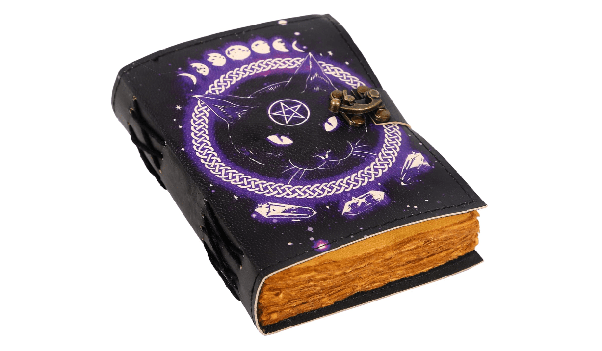 Book of Spells Leather Journal with Deckle Edge Paper, Witchy Wiccan Grimoire Notebook, Magic Cat Goddess Celestial Moon Journal, Gothic Spiral Writing... 