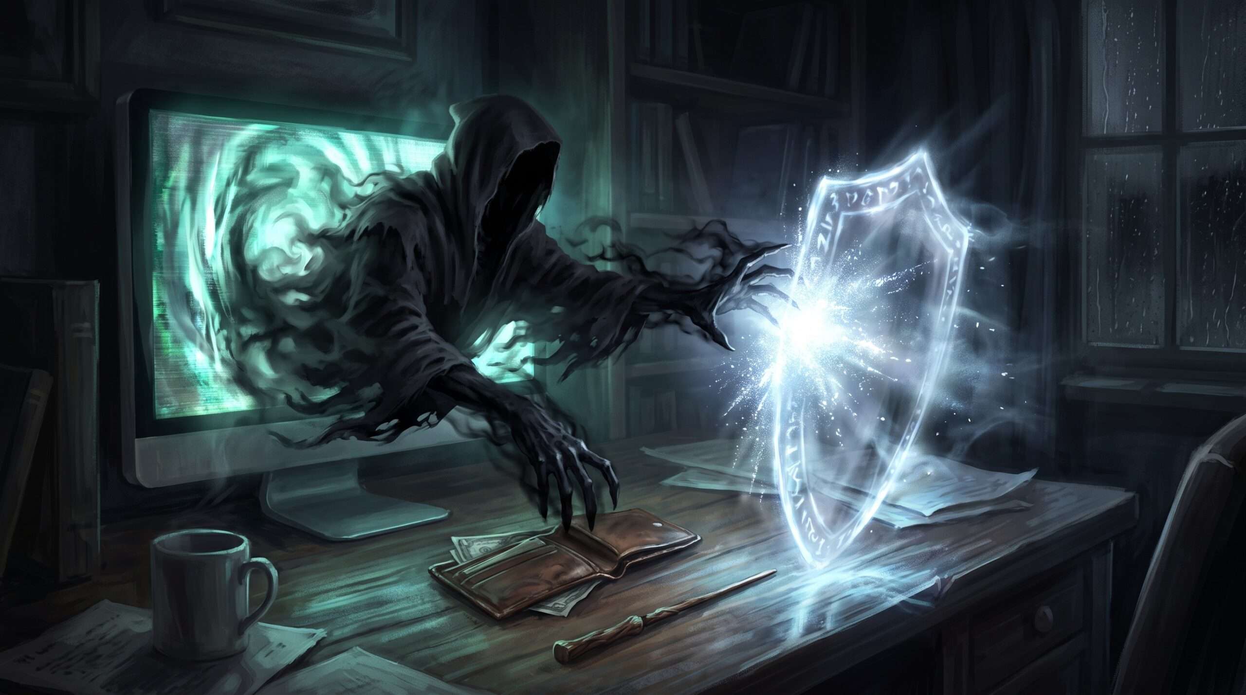 A silver magical shield protecting a wallet from a Dementor-like figure representing protection against financial aid and scholarship scams.