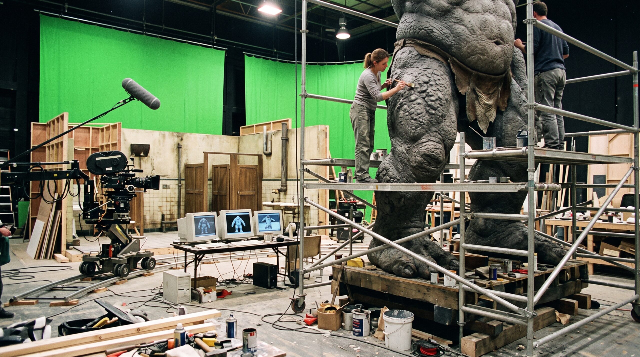 Behind-the-scenes image showing the construction of the practical Mountain Troll model on the film set.