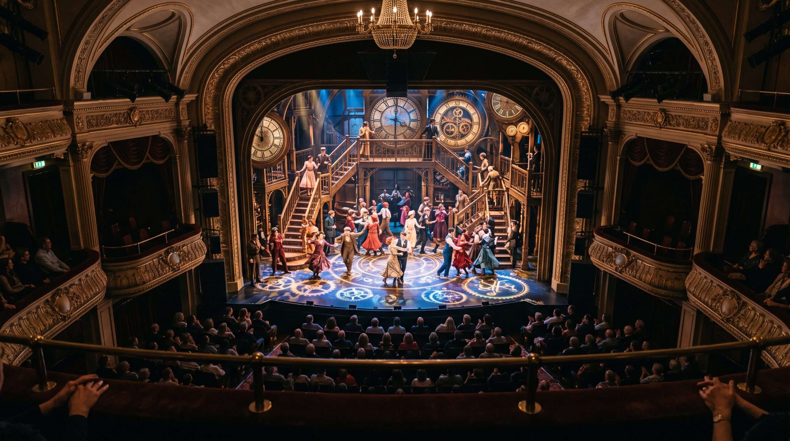 Panoramic view of the full stage and production design from the best seats in the Lyric Theatre, the Dress Circle.