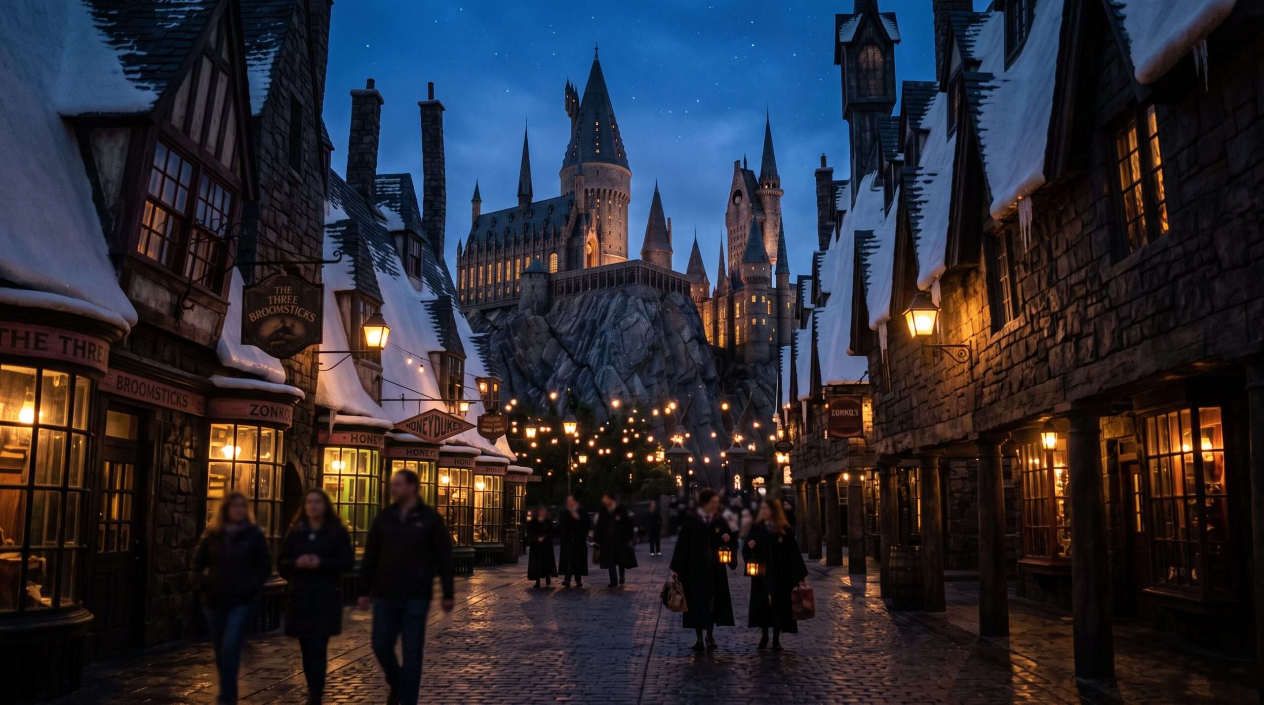 Enchanting evening scene in Hogsmeade village with glowing lanterns at twilight at Universal Studios Hollywood.