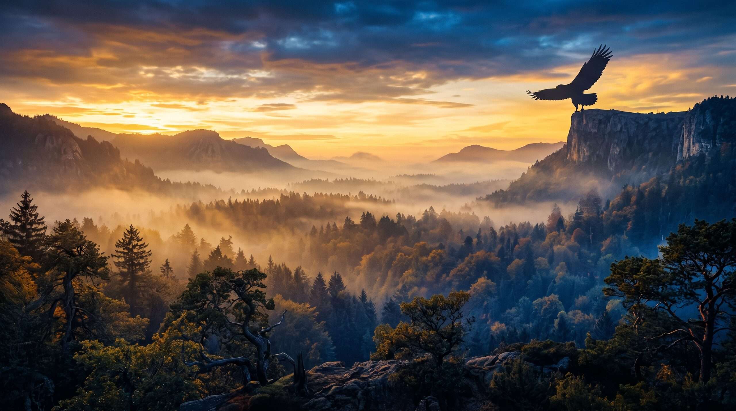 A majestic Thunderbird silhouette in a misty forest at sunset, representing the Greek goddess Artemis connection in Newt Scamander's name.